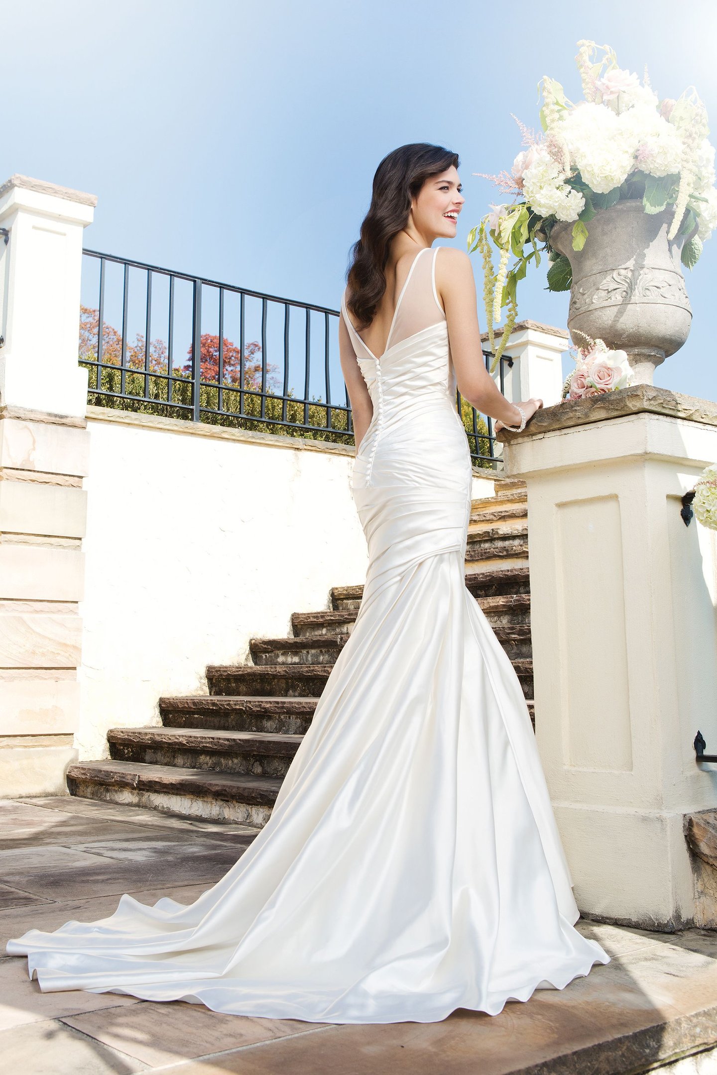 Sincerity Bridal Style 3753 Satin fit and flare dress accentuated with a Sabrina neckline