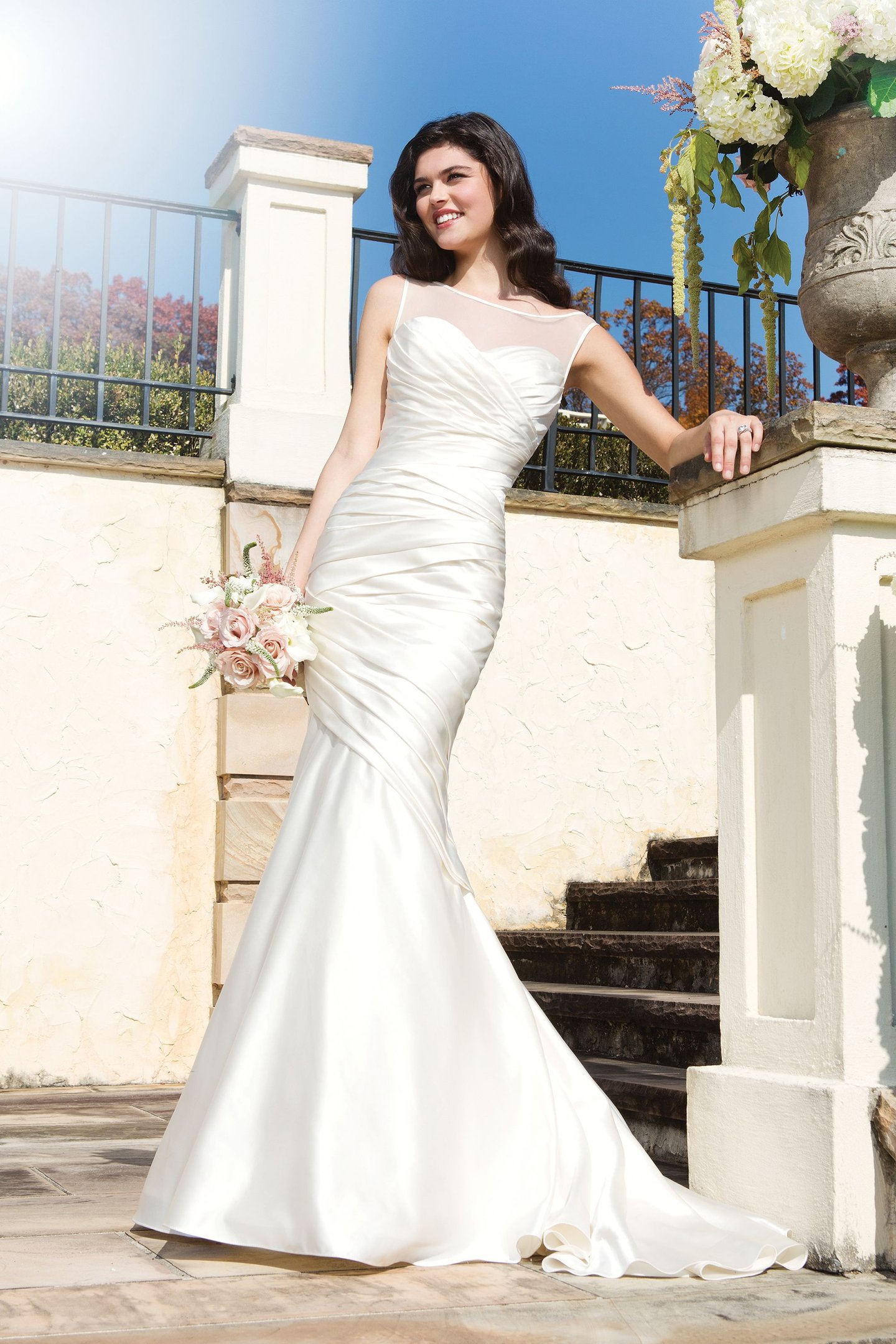 Sincerity Bridal Style 3753 Satin fit and flare dress accentuated with a Sabrina neckline