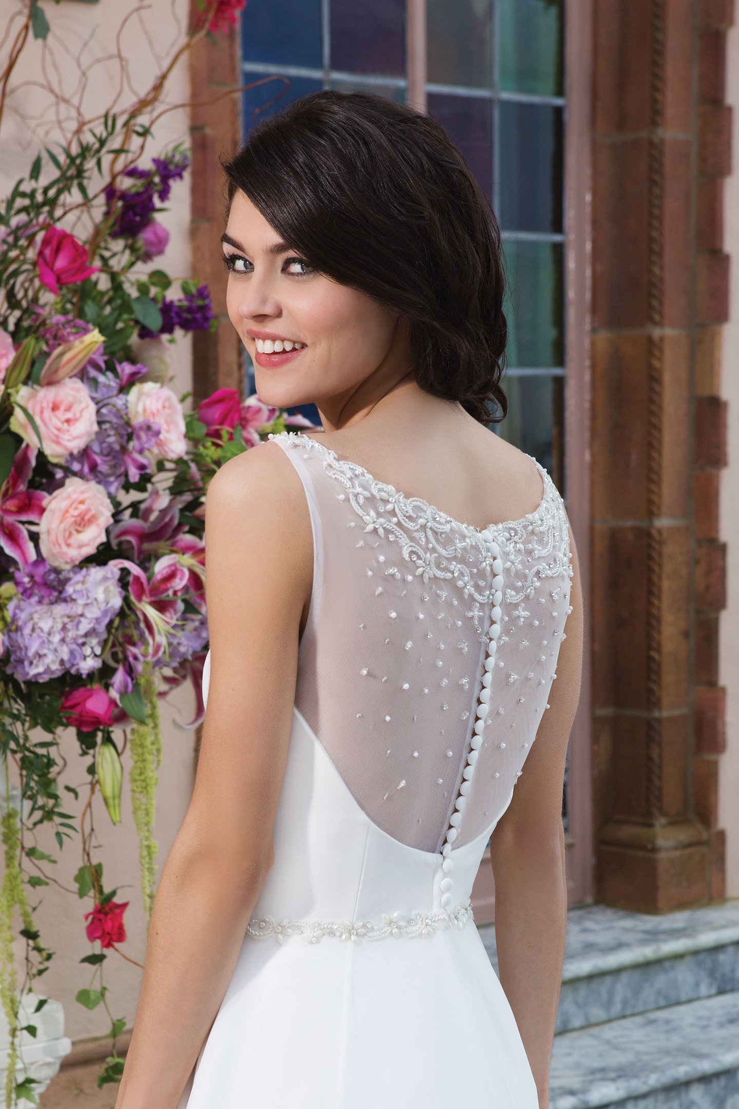Sincerity Bridal Style 3827 Chiffon A-line dress embellished with a Sabrina neckline