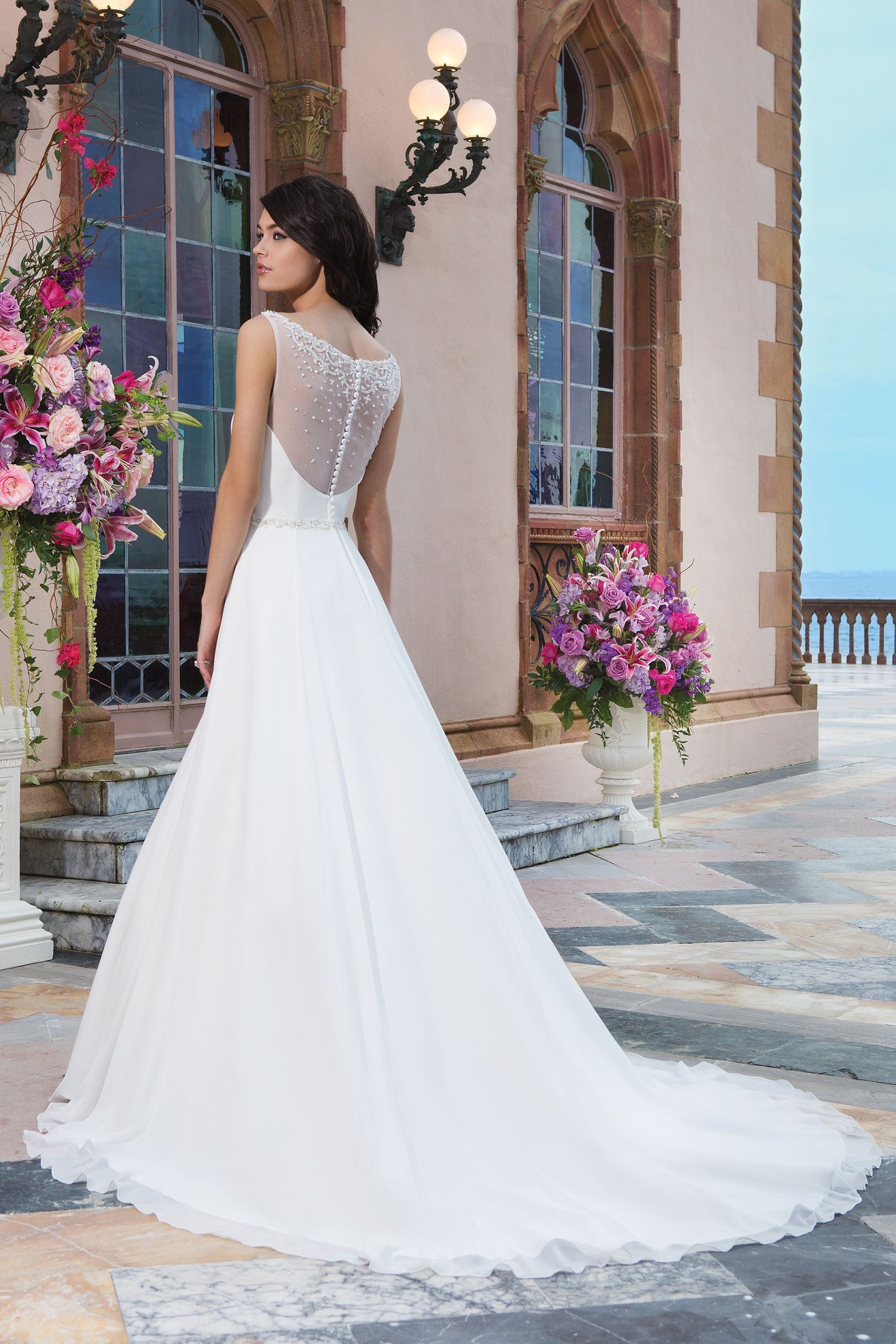 Sincerity Bridal Style 3827 Chiffon A-line dress embellished with a Sabrina neckline