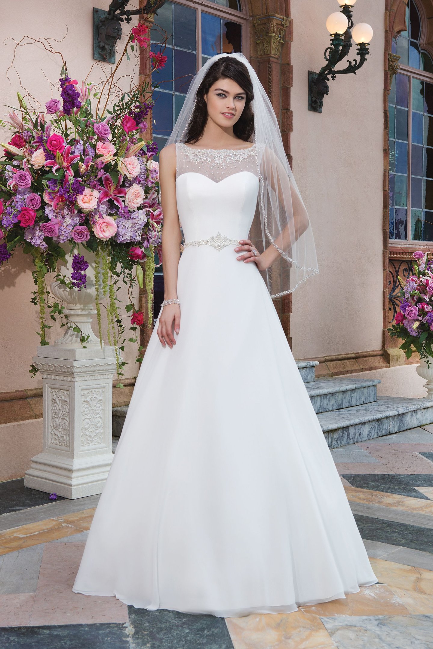 Sincerity Bridal Style 3827 Chiffon A-line dress embellished with a Sabrina neckline
