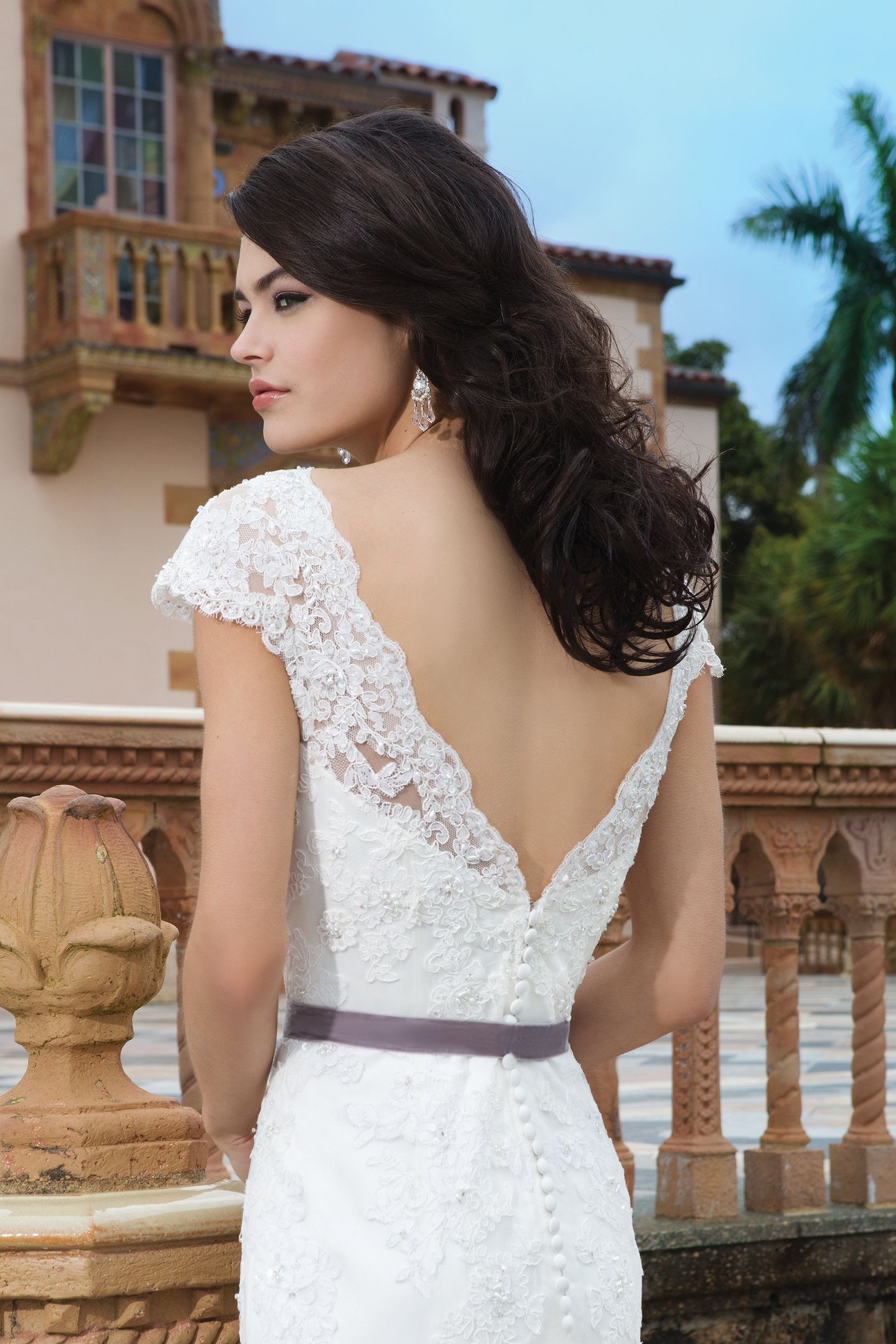 Sincerity Bridal Style 3831 Tulle; alencon lace; beaded lace fit and flare dress emphasized by a V-neck