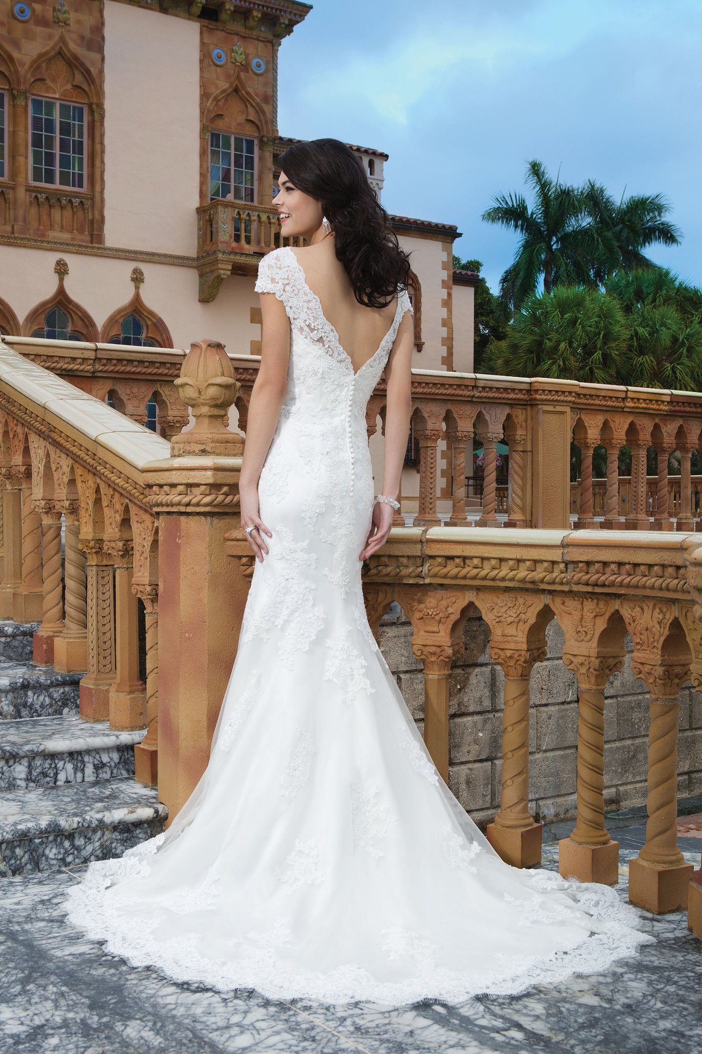 Sincerity Bridal Style 3831 Tulle; alencon lace; beaded lace fit and flare dress emphasized by a V-neck