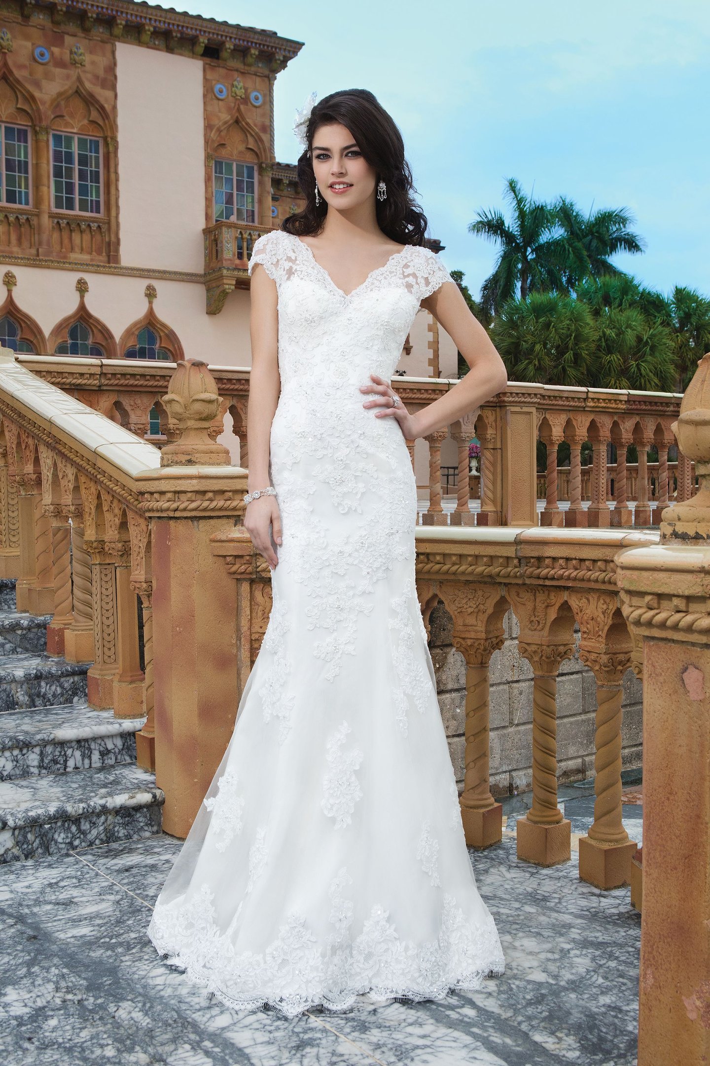 Sincerity Bridal Style 3831 Tulle; alencon lace; beaded lace fit and flare dress emphasized by a V-neck
