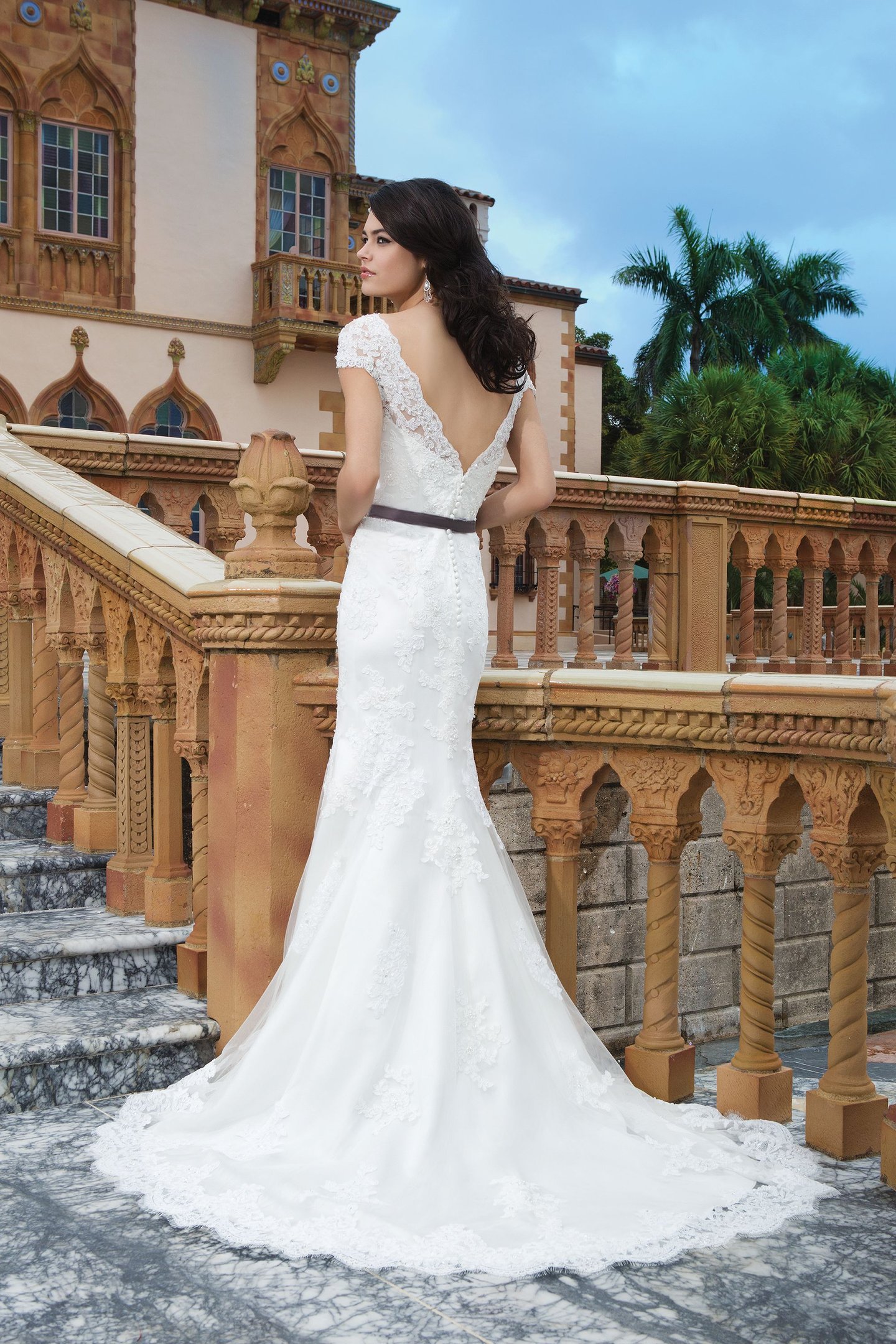 Sincerity Bridal Style 3831 Tulle; alencon lace; beaded lace fit and flare dress emphasized by a V-neck