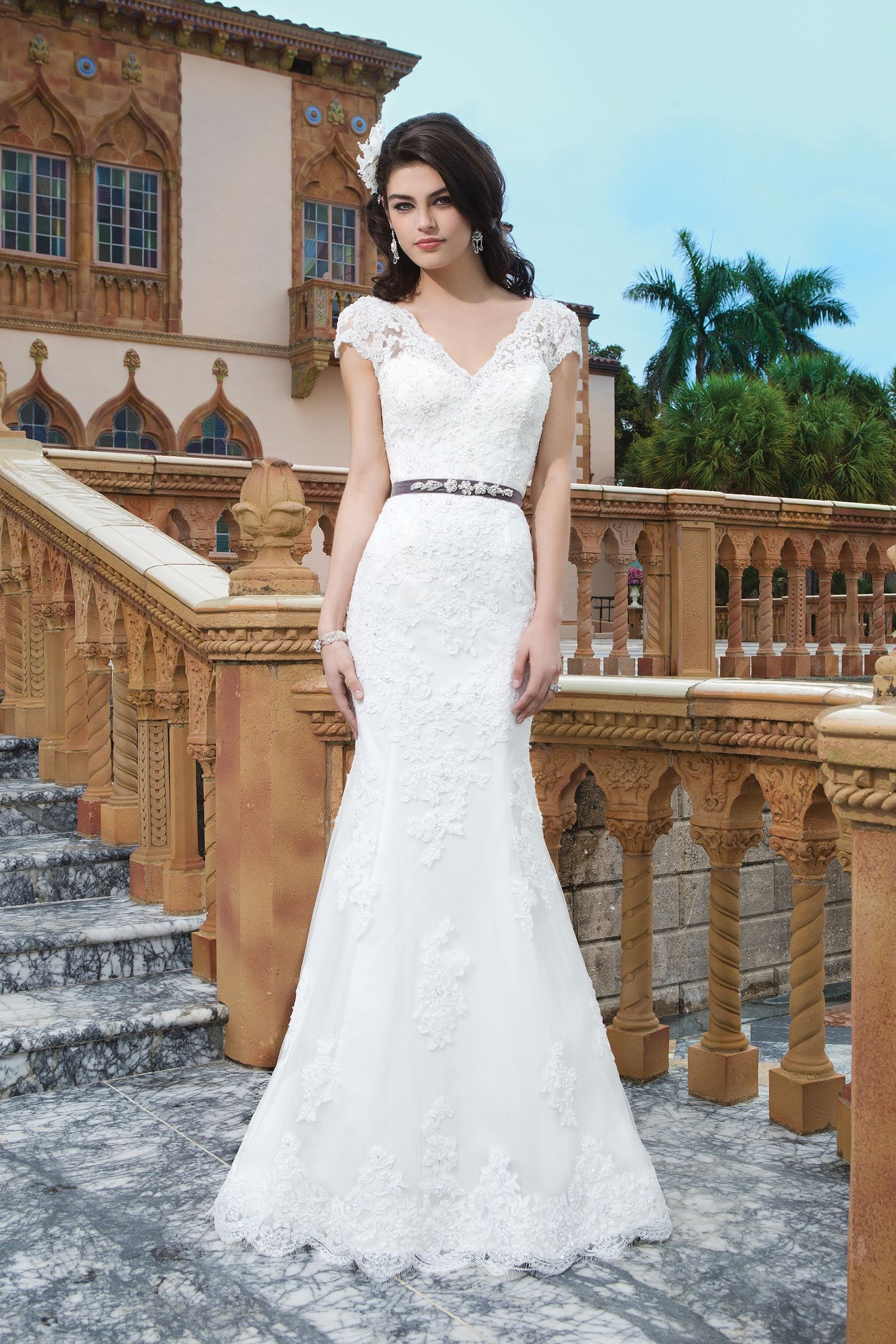 Sincerity Bridal Style 3831 Tulle; alencon lace; beaded lace fit and flare dress emphasized by a V-neck