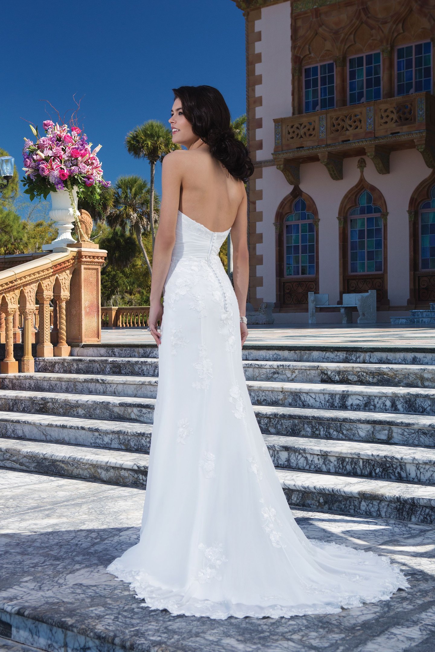 Sincerity Bridal Style 3837 Chiffon; embroidered lace fit and flare dress accentuated with a sweetheart neckline