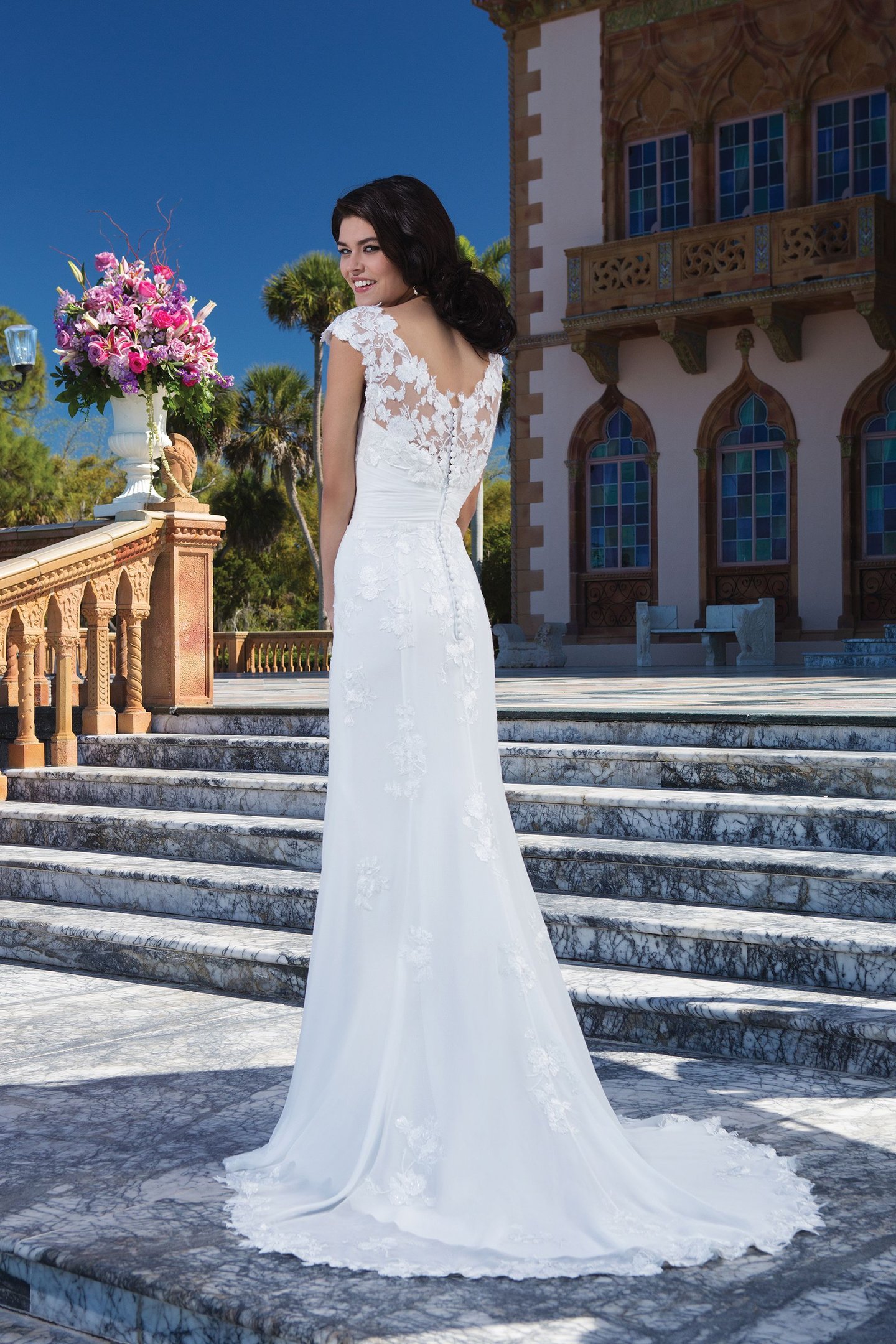Sincerity Bridal Style 3837 Chiffon; embroidered lace fit and flare dress accentuated with a sweetheart neckline