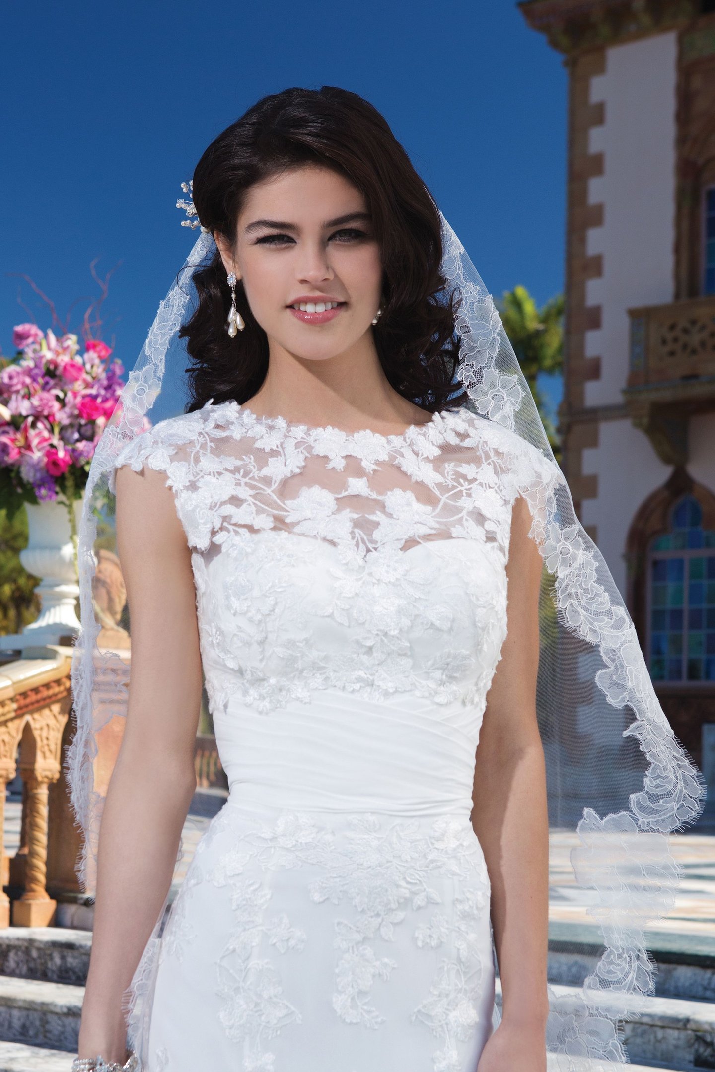 Sincerity Bridal Style 3837 Chiffon; embroidered lace fit and flare dress accentuated with a sweetheart neckline