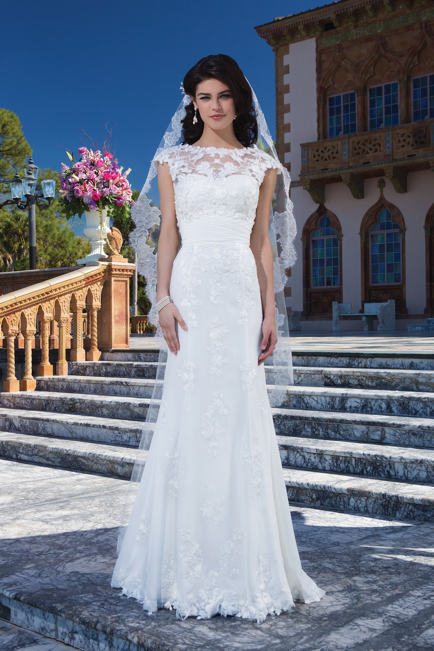 Sincerity Bridal Style 3837 Chiffon; embroidered lace fit and flare dress accentuated with a sweetheart neckline