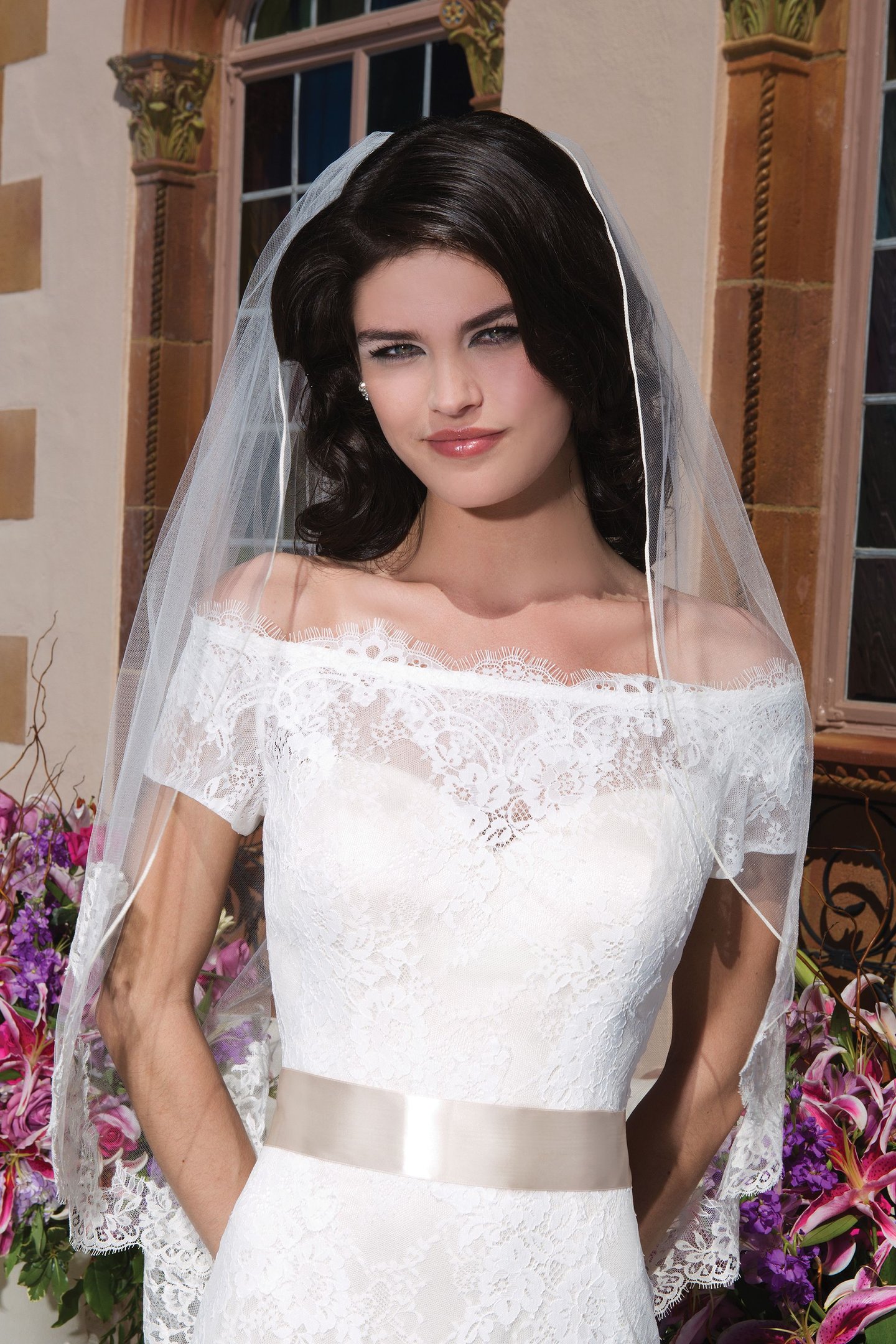 Sincerity Bridal Style 3844 Cotton chantilly lace straight dress embellished with a Sabrina neckline