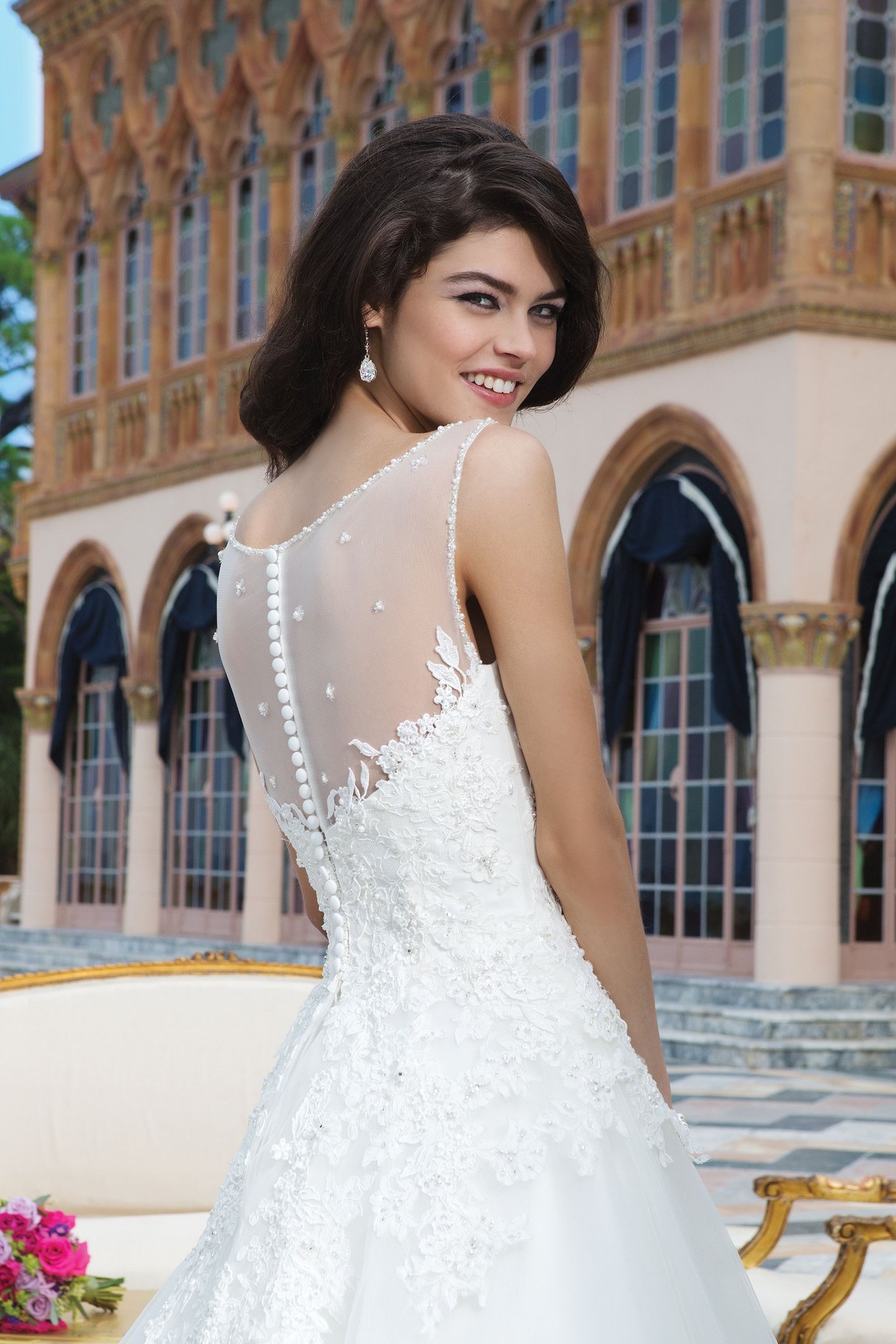 Sincerity Bridal Style 3848 Tulle; beaded alencon and venice lace ball gown complemented with a Sabrina neckline