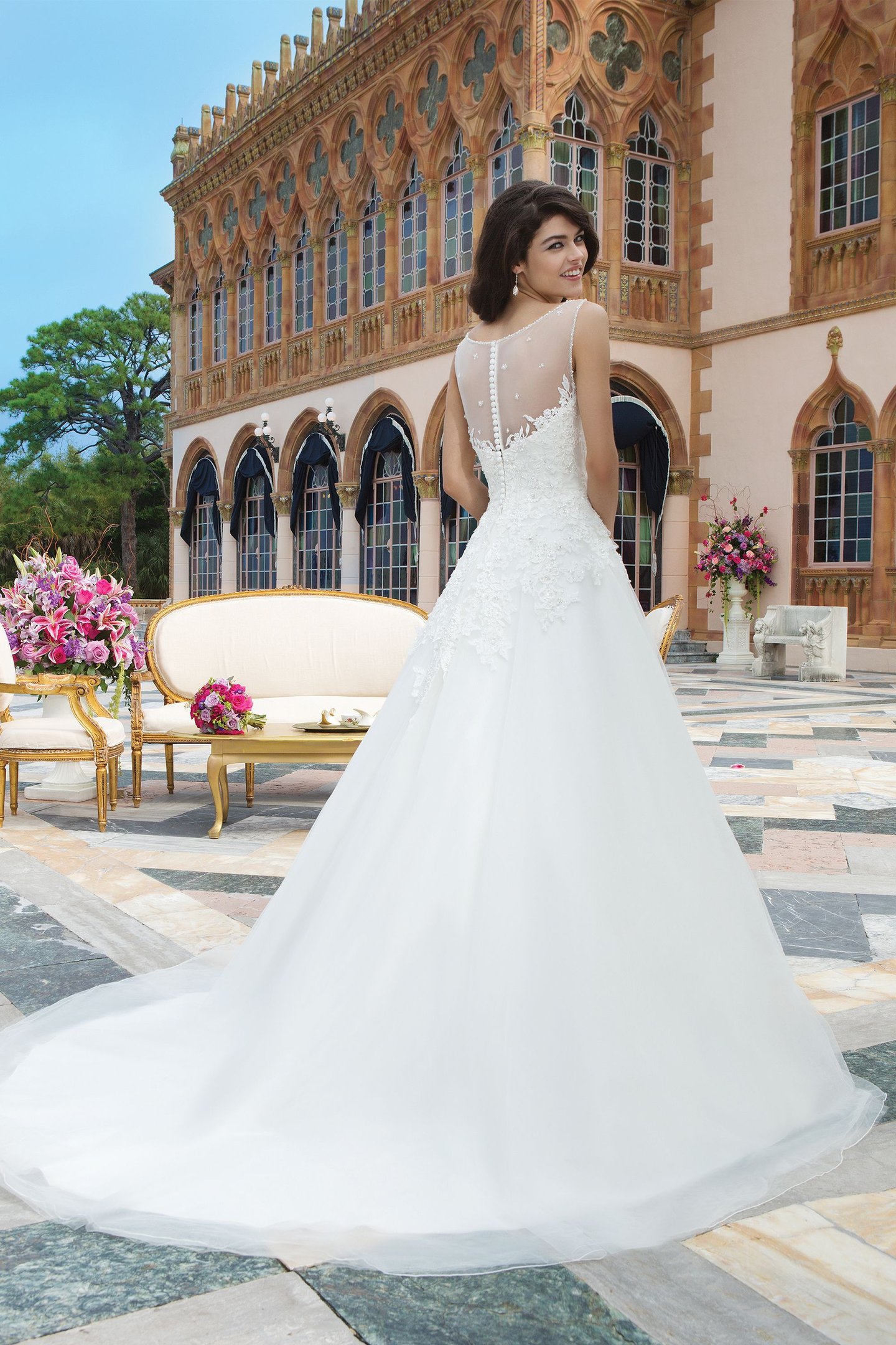 Sincerity Bridal Style 3848 Tulle; beaded alencon and venice lace ball gown complemented with a Sabrina neckline