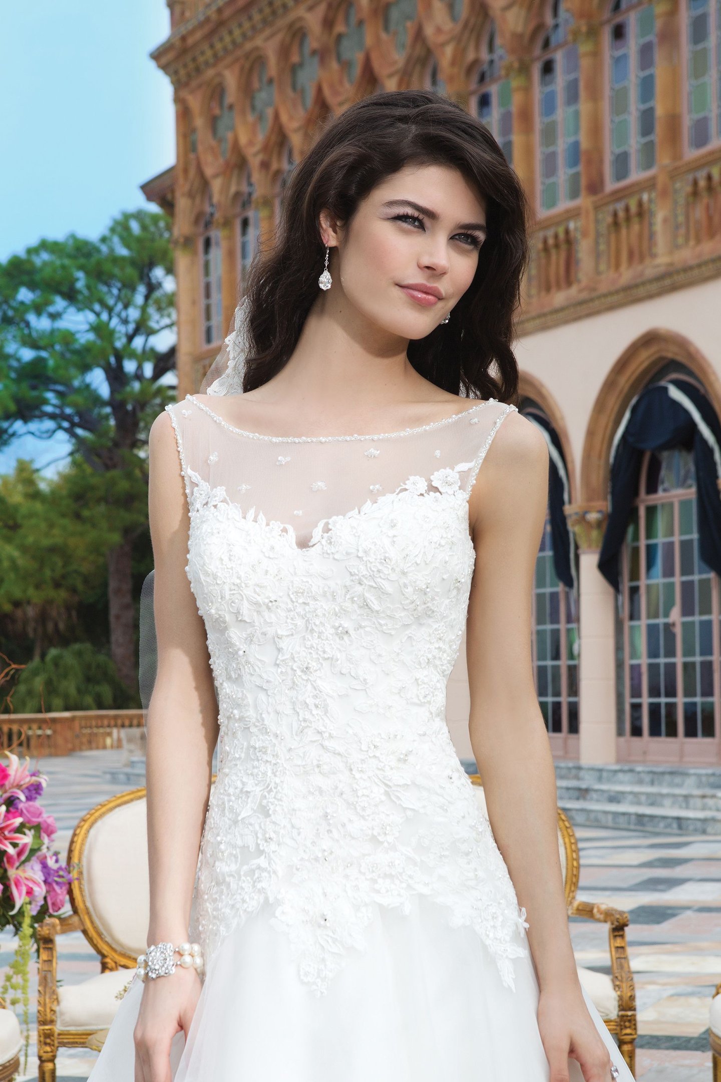Sincerity Bridal Style 3848 Tulle; beaded alencon and venice lace ball gown complemented with a Sabrina neckline