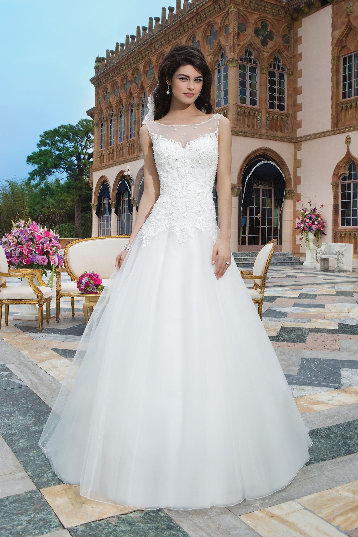 Sincerity Bridal Style 3848 Tulle; beaded alencon and venice lace ball gown complemented with a Sabrina neckline