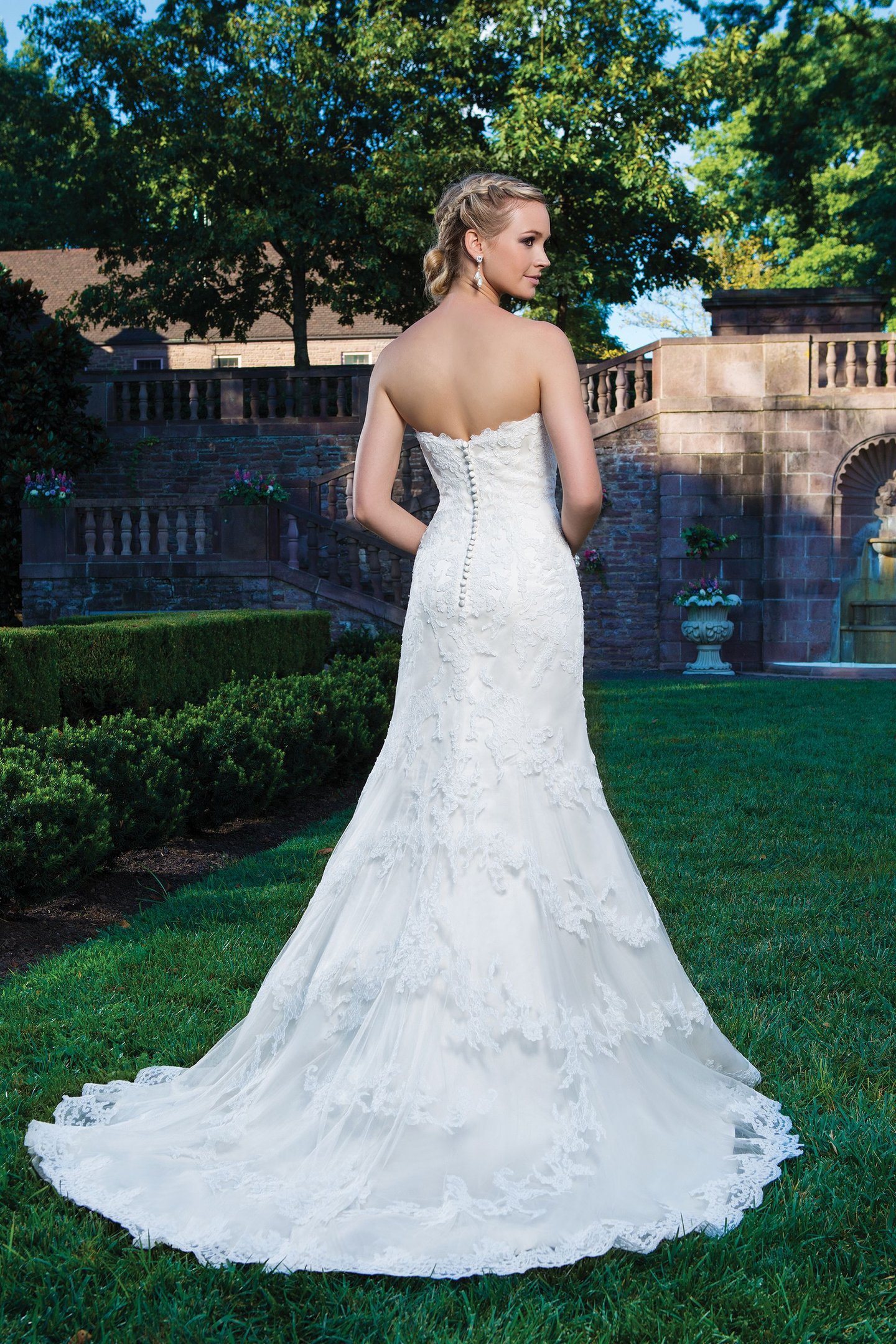 Sincerity Bridal Style 3859 Alencon Lace and tulle fit and flare featuring a sweetheart neckline.