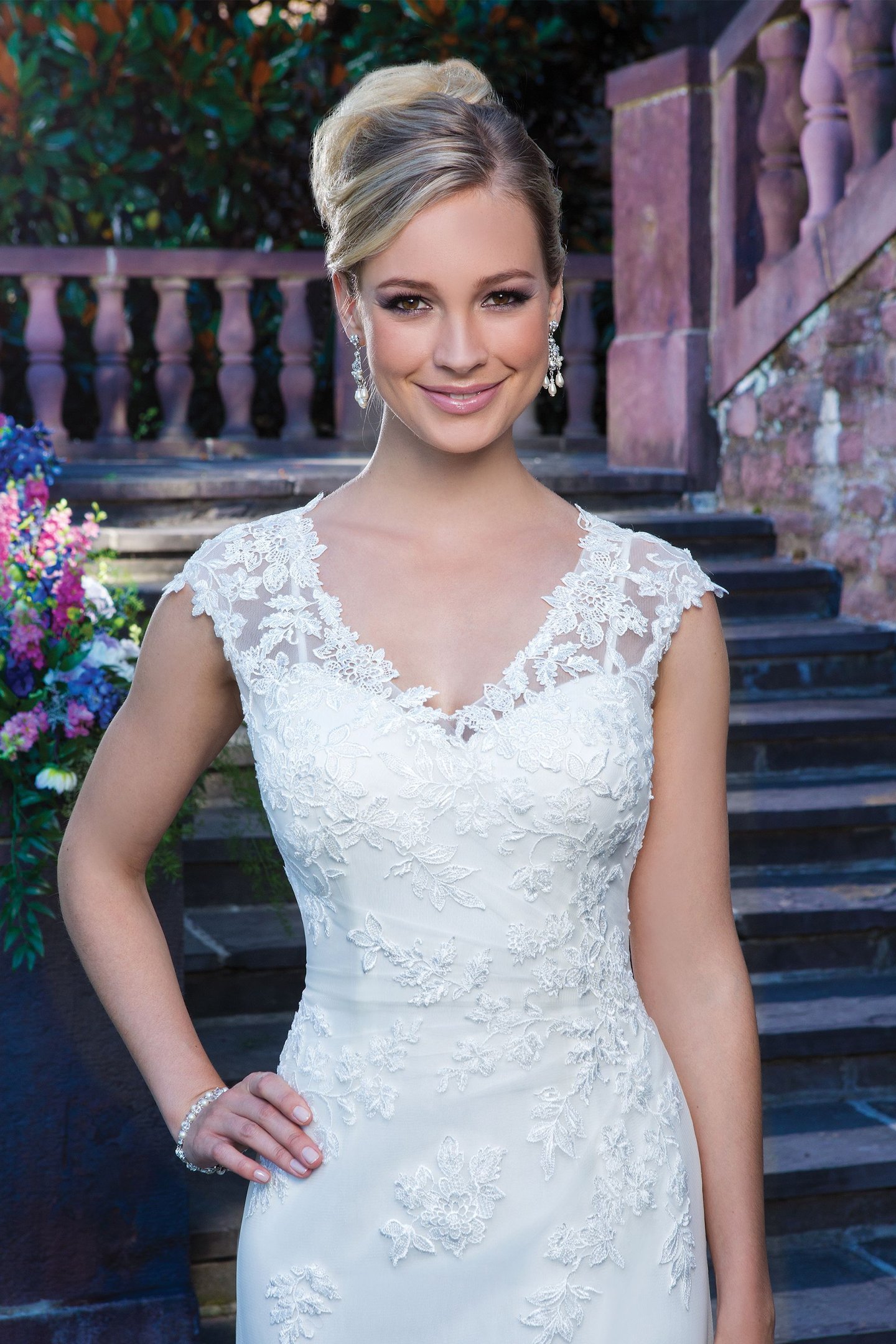 Sincerity Bridal Style 3868 Venice lace and tulle straight accented by a v-neck neckline.