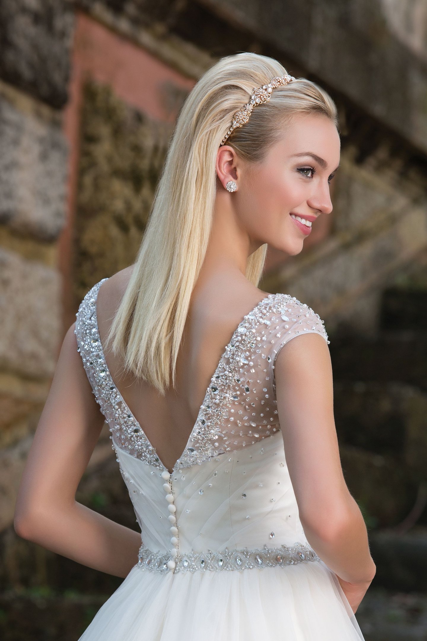 Sincerity Bridal Style 3887 Beaded Tulle Ball gown adorned by a Sabrina neckline