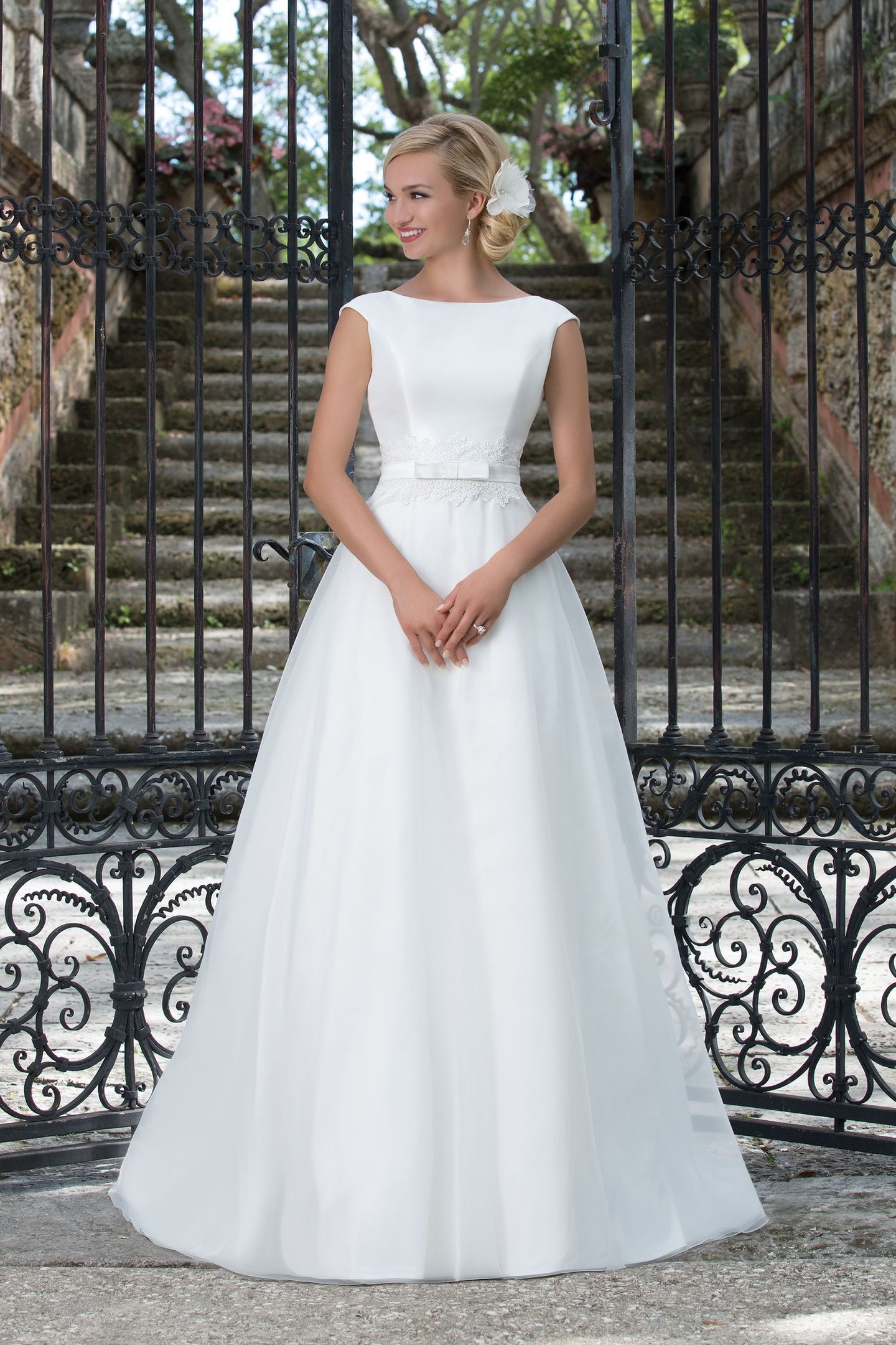 Sincerity Bridal Style 3897 Mikado; Lace; Organza A-line accented by a Sabrina neckline