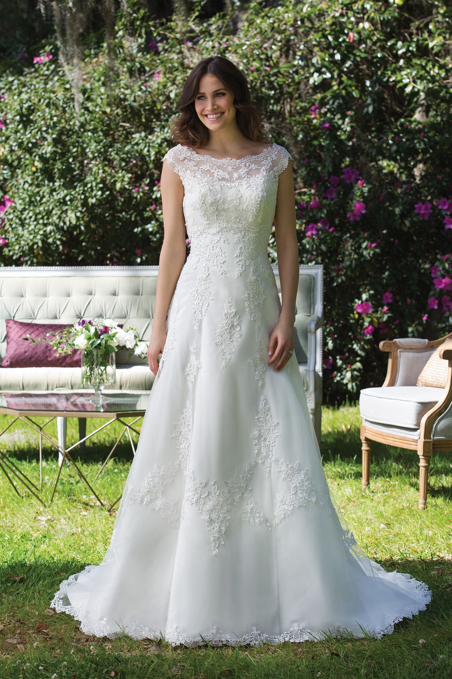 Sincerity Bridal Tulle and Satin A-Line Gown with Sequined Lace Appliqués
