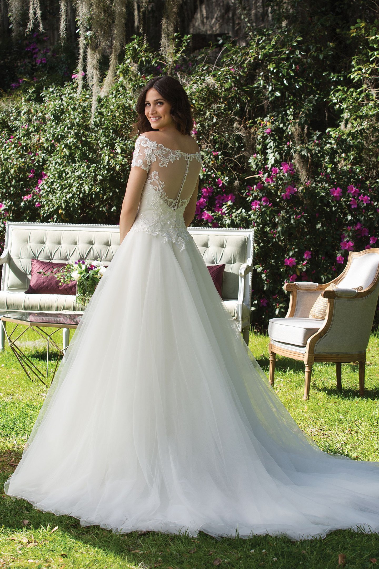 Sincerity Bridal Style 3956 Off the Shoulder Ball Gown with Embroidered Lace and Full Tulle Skirt