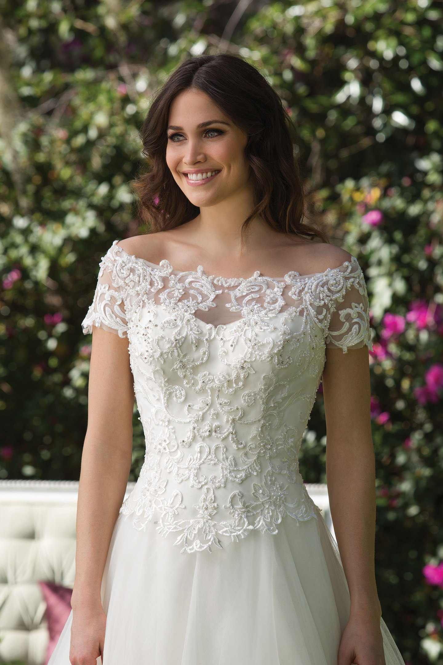 Sincerity Bridal Style 3956 Off the Shoulder Ball Gown with Embroidered Lace and Full Tulle Skirt