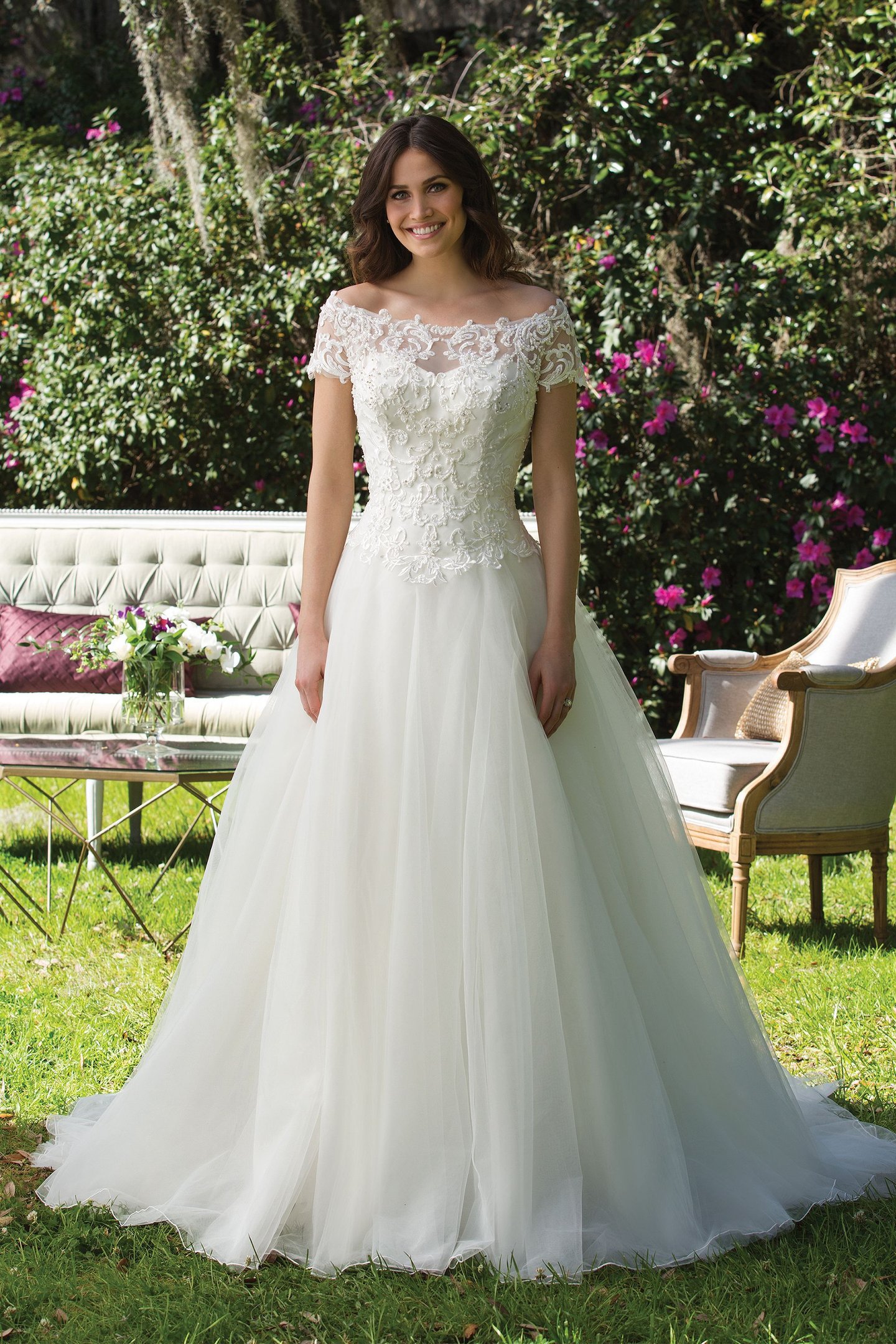 Sincerity Bridal Style 3956 Off the Shoulder Ball Gown with Embroidered Lace and Full Tulle Skirt