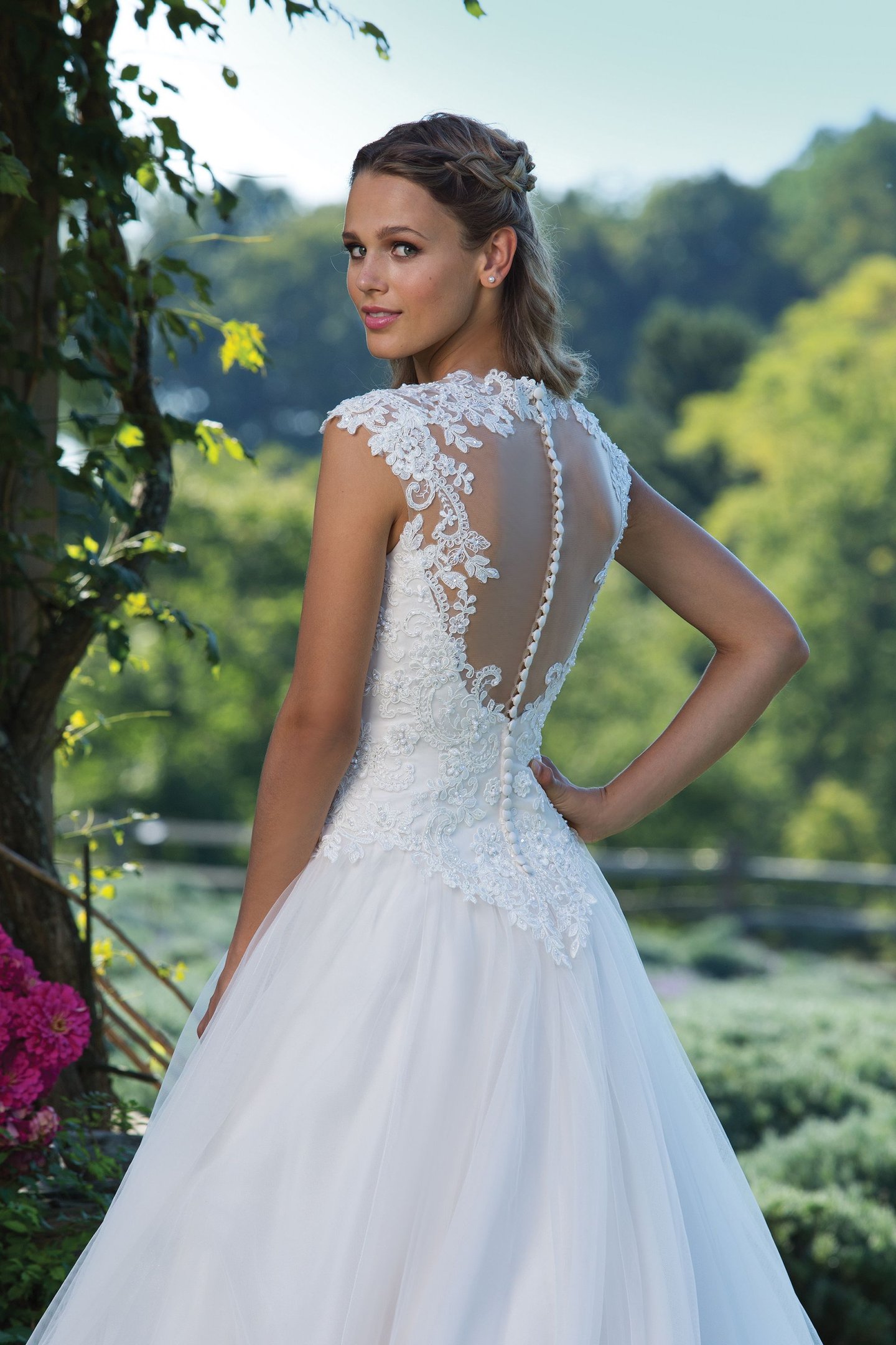 Sincerity Bridal Style 3982 Beaded Corded Lace and Tulle Ball Gown with Queen Anne Neckline