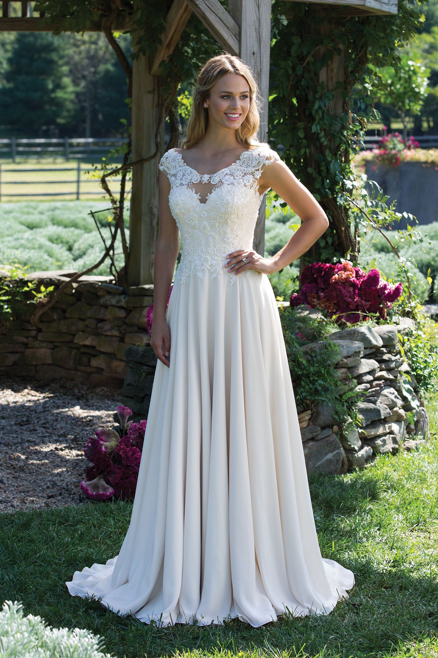 Sincerity Bridal Embroidered Lace Appliqué Dress with Cap Sleeves and Scoop Neckline