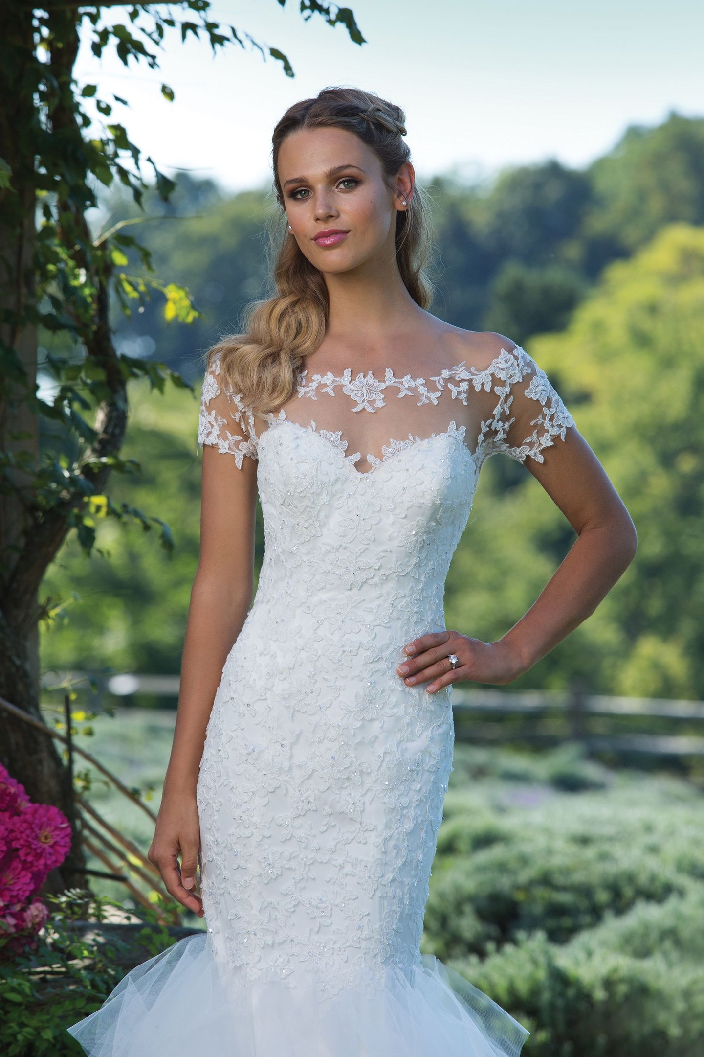 Sincerity Bridal Style 3985 Beaded Lace Off the Shoulder Gown with Handkerchief Tulle Skirt