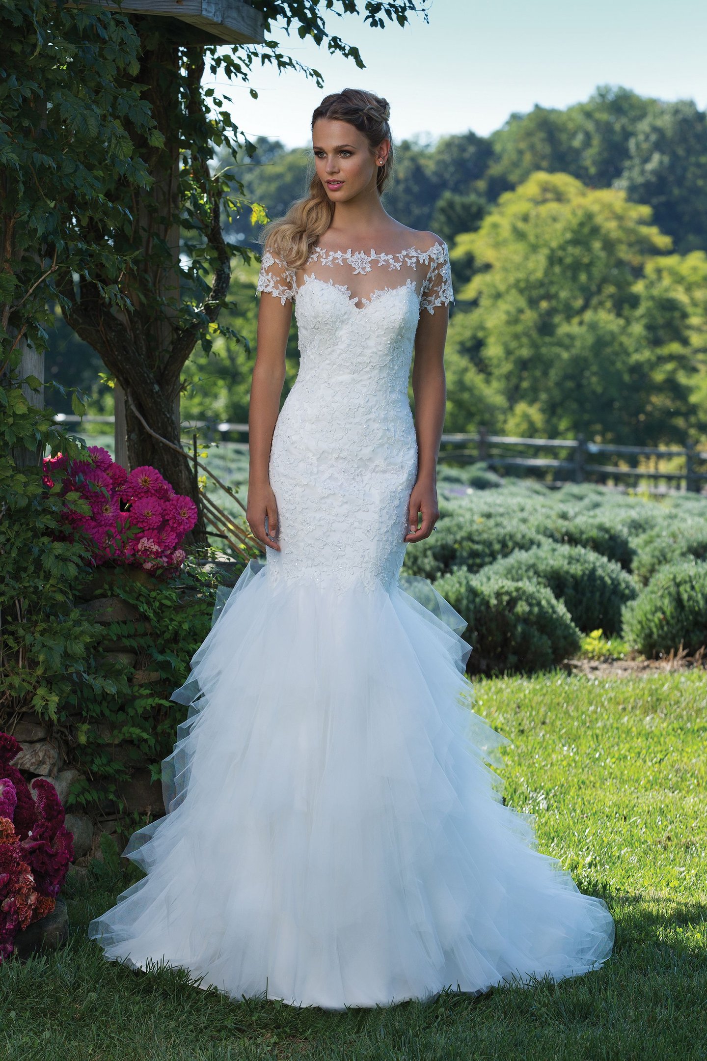Sincerity Bridal Style 3985 Beaded Lace Off the Shoulder Gown with Handkerchief Tulle Skirt