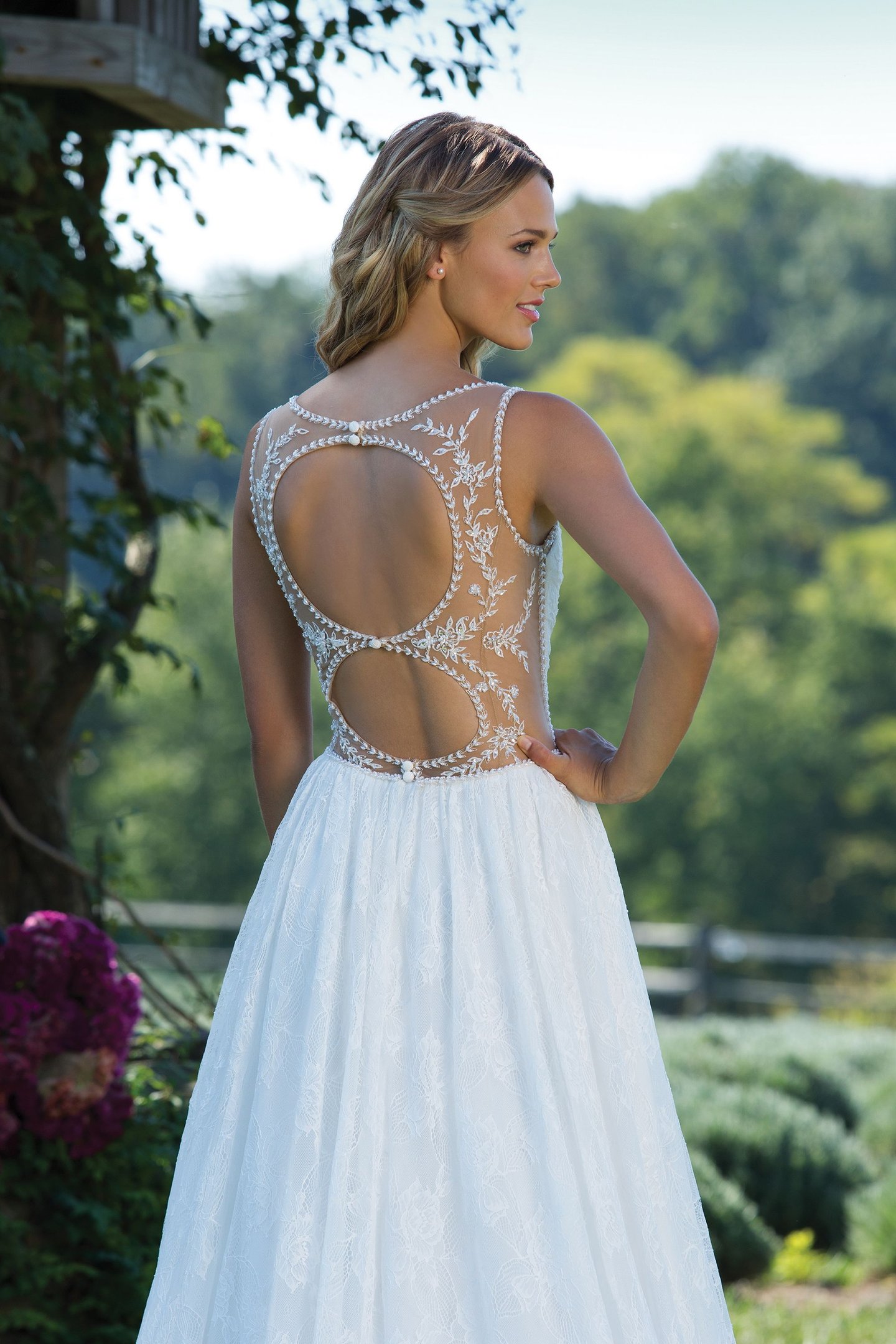 Sincerity Bridal Style 3990 Chantilly Lace Ball Gown with Pearl-Trimmed Double Keyhole Back