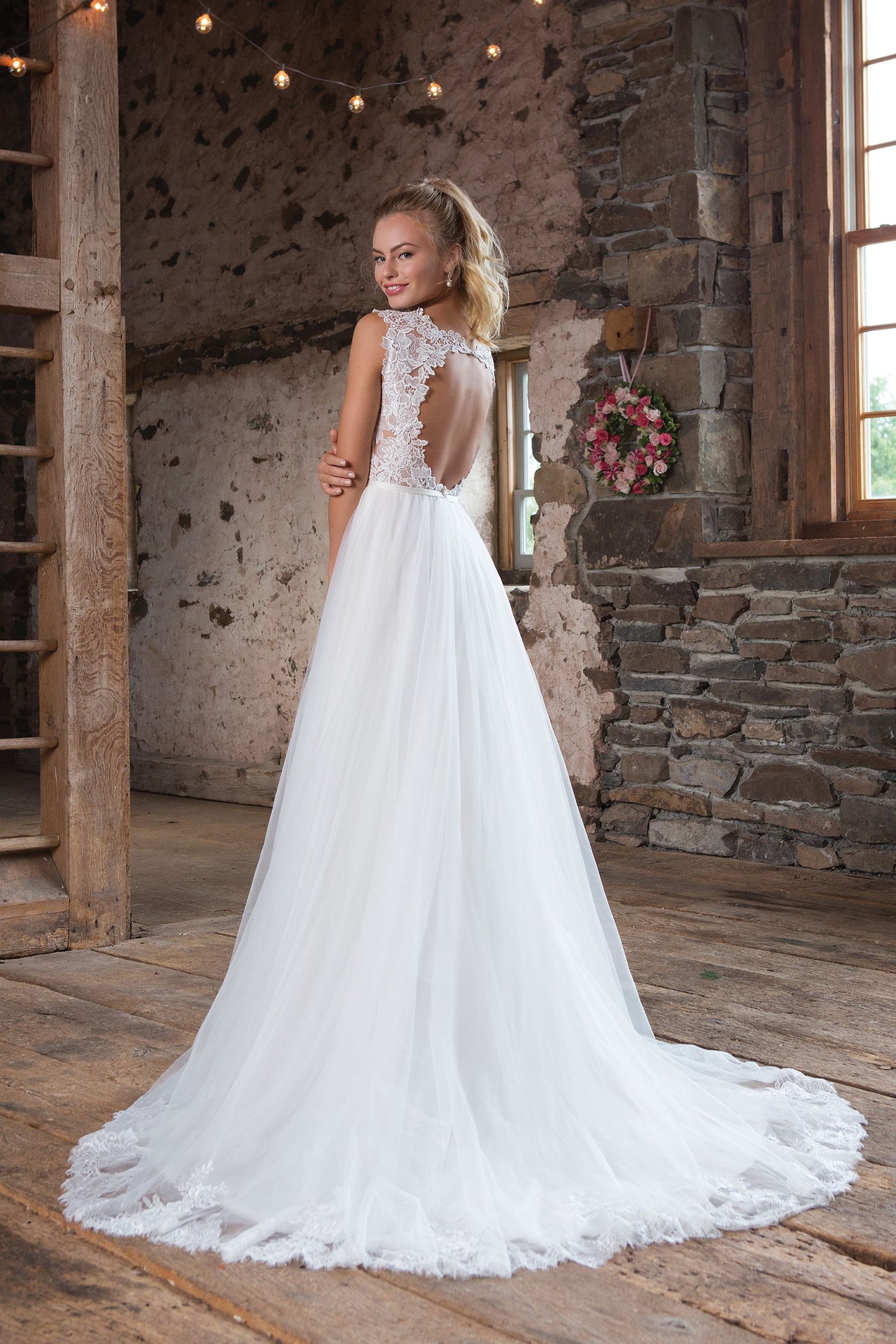 Sweetheart Gowns Lace and Tulle A-Line Gown with Deep V Illusion Neckline