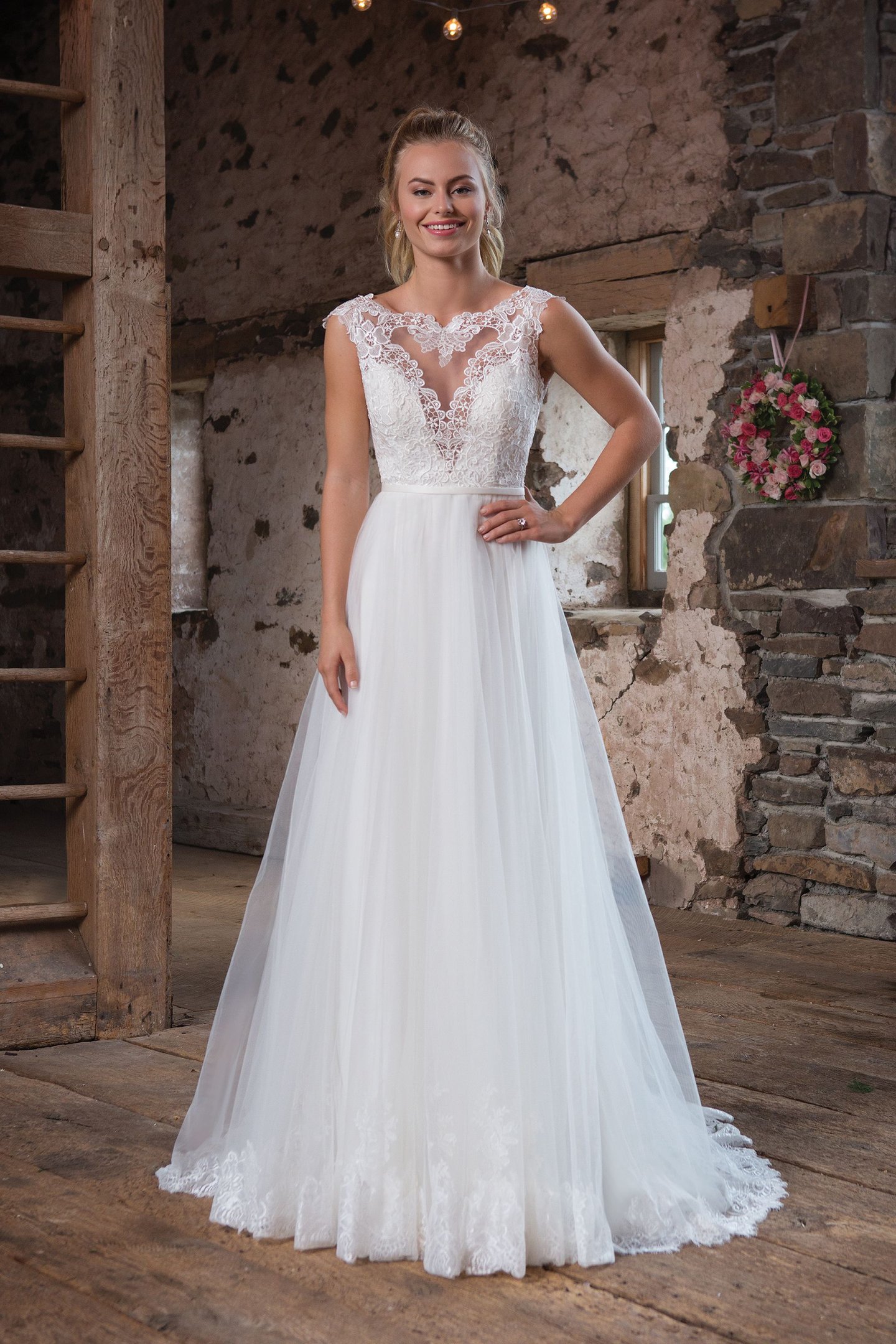 Sweetheart Gowns Lace and Tulle A-Line Gown with Deep V Illusion Neckline