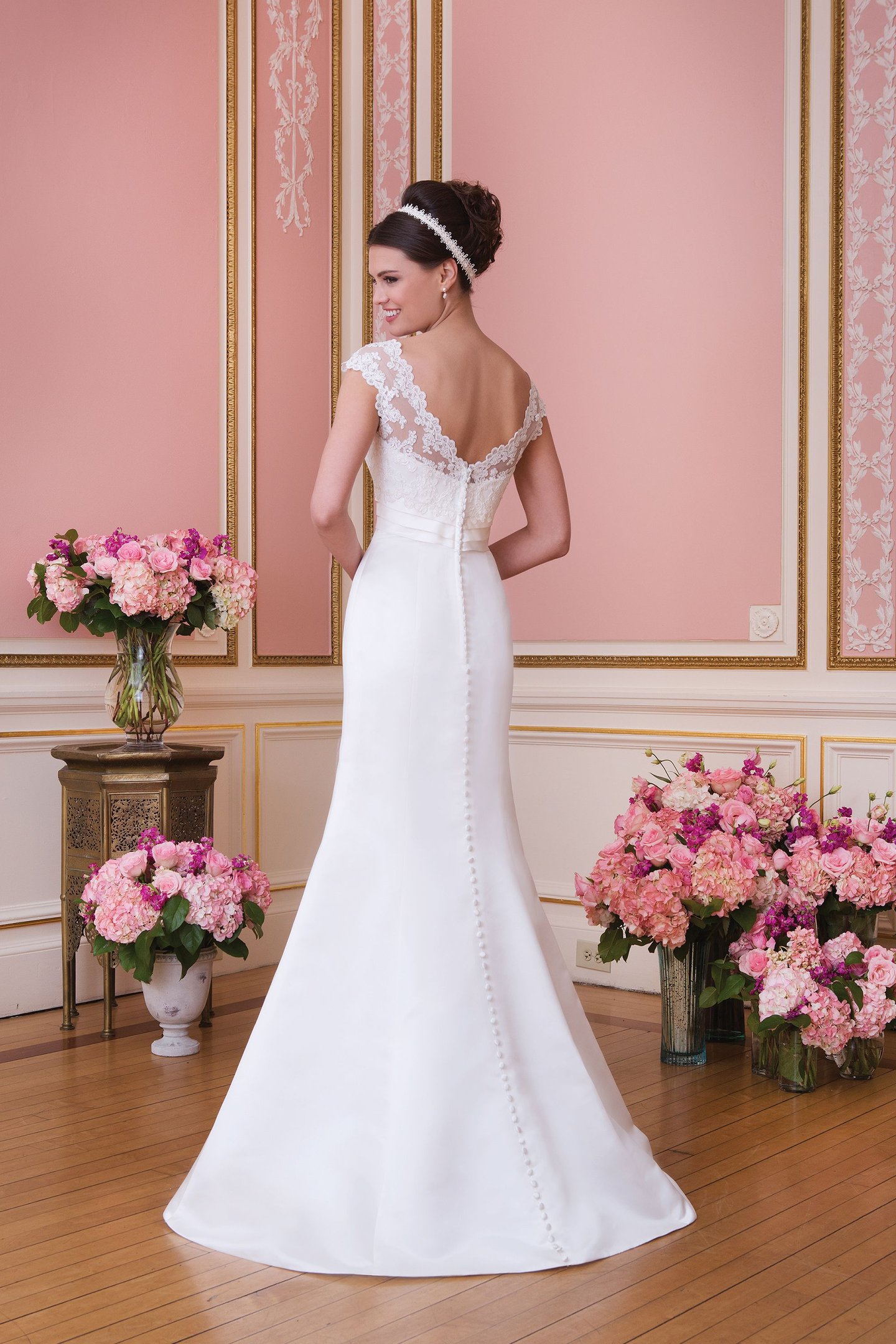 Sweetheart Gowns Style 6020 Satin trumpet dress highlighted with a Sabrina neckline