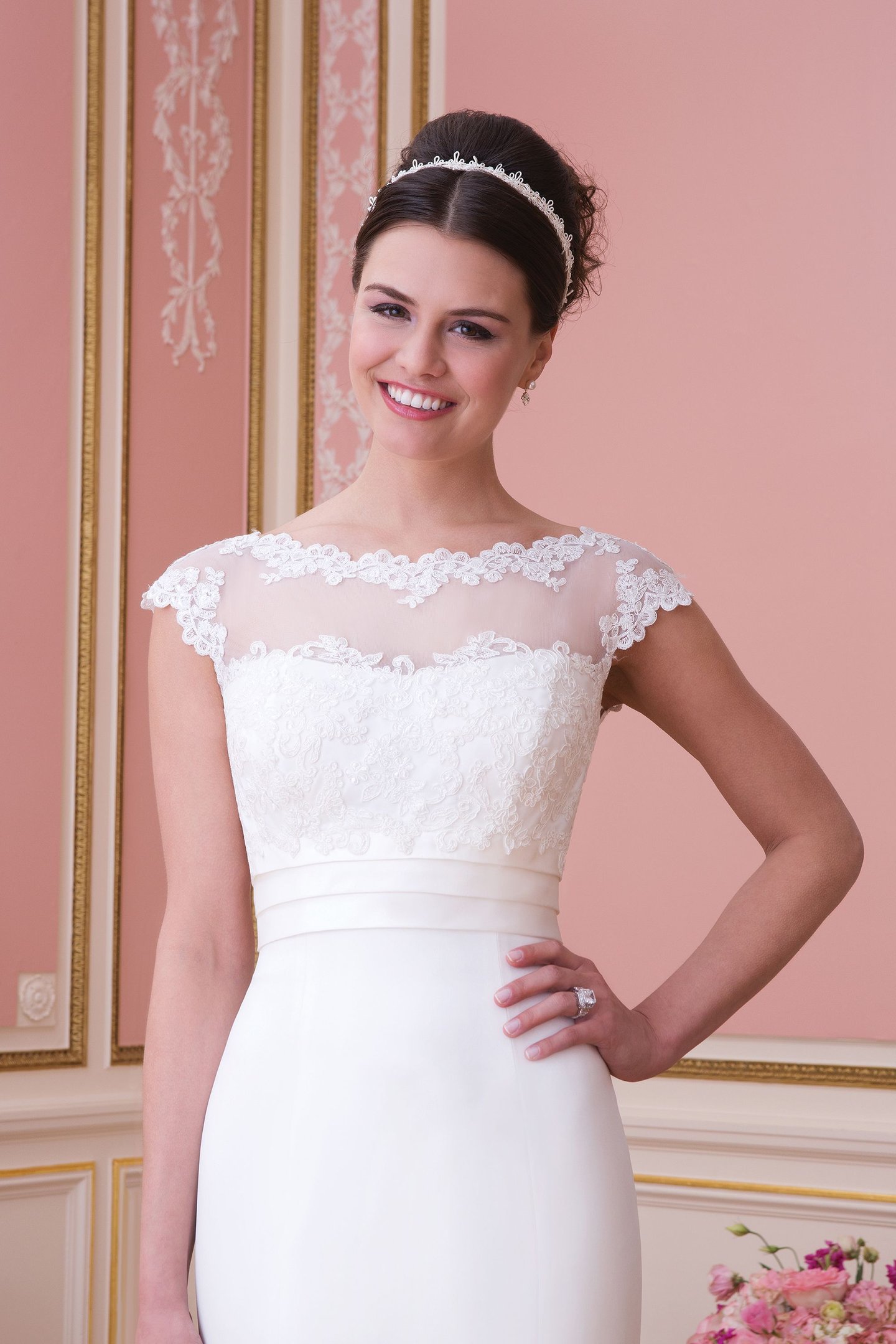 Sweetheart Gowns Style 6020 Satin trumpet dress highlighted with a Sabrina neckline