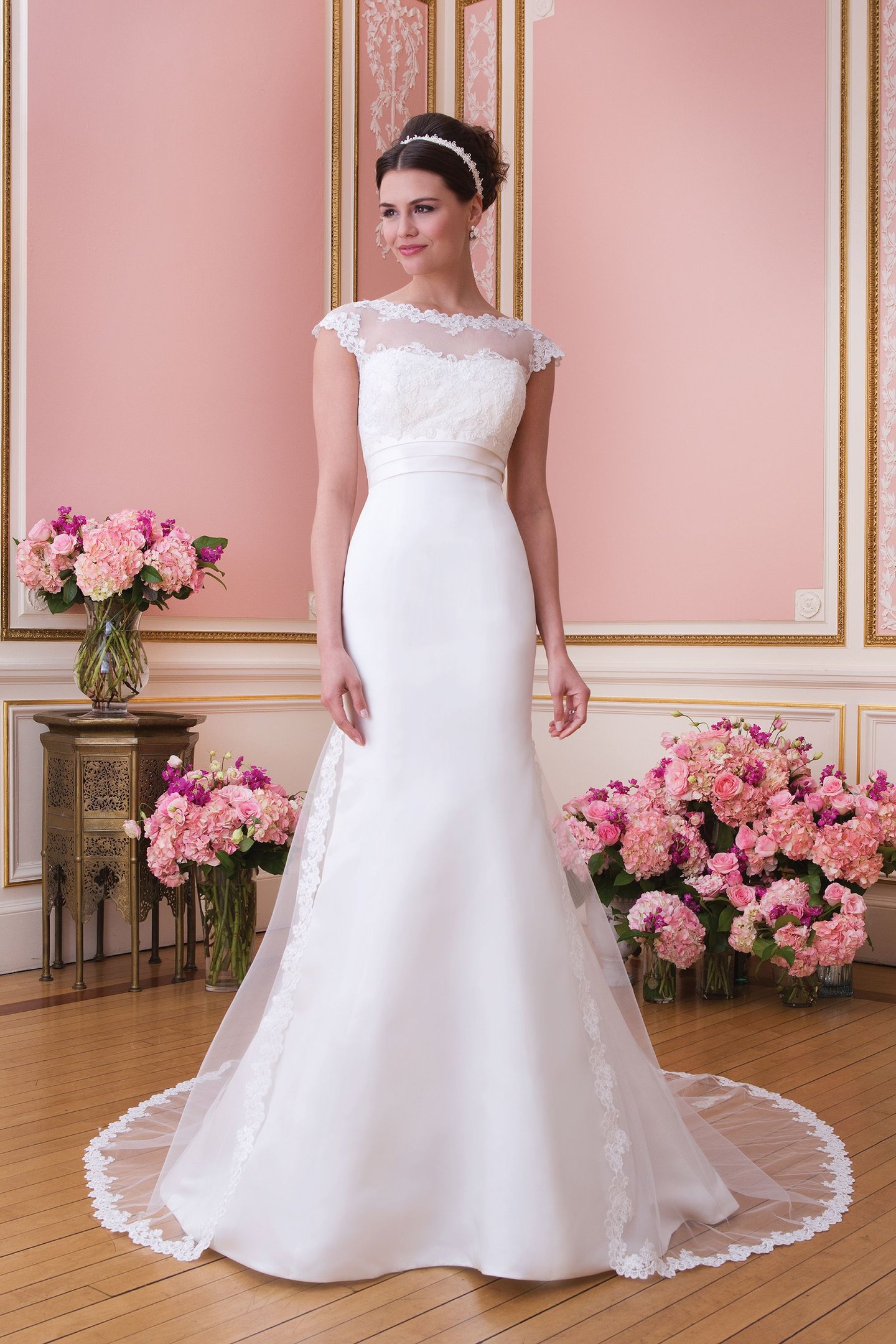 Sweetheart Gowns Style 6020 Satin trumpet dress highlighted with a Sabrina neckline