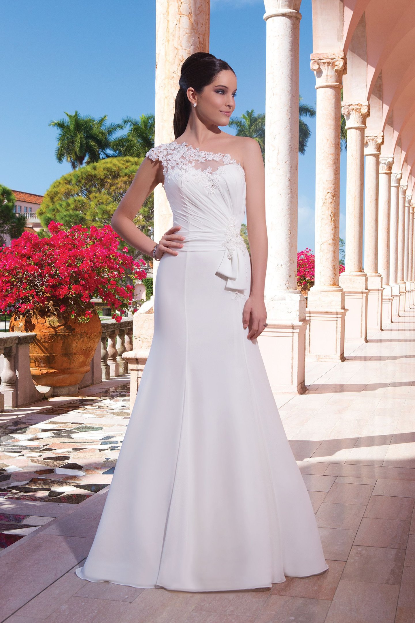 Sweetheart Gowns Style 6041 Chiffon fit and flare dress with an assymetrical neckline