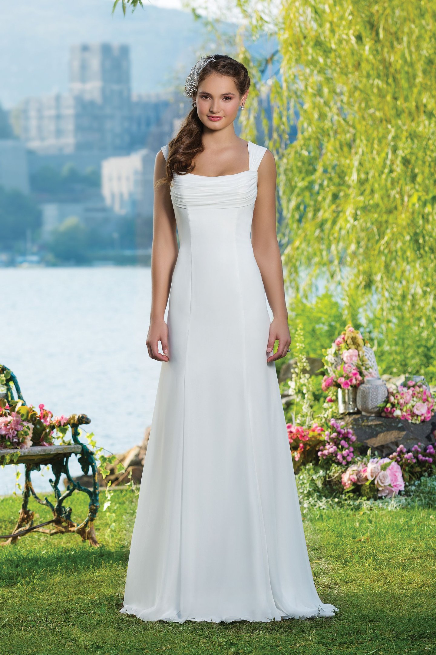 Sweetheart Gowns Style 6092 Chiffon Slim A-line adorned with a square neckline.