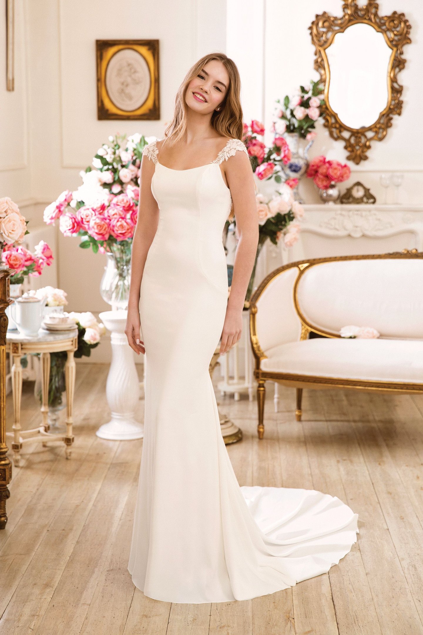 Sweetheart style 11057 Crepe Fit and Flare Gown with Beaded Appliqued Back Neckline