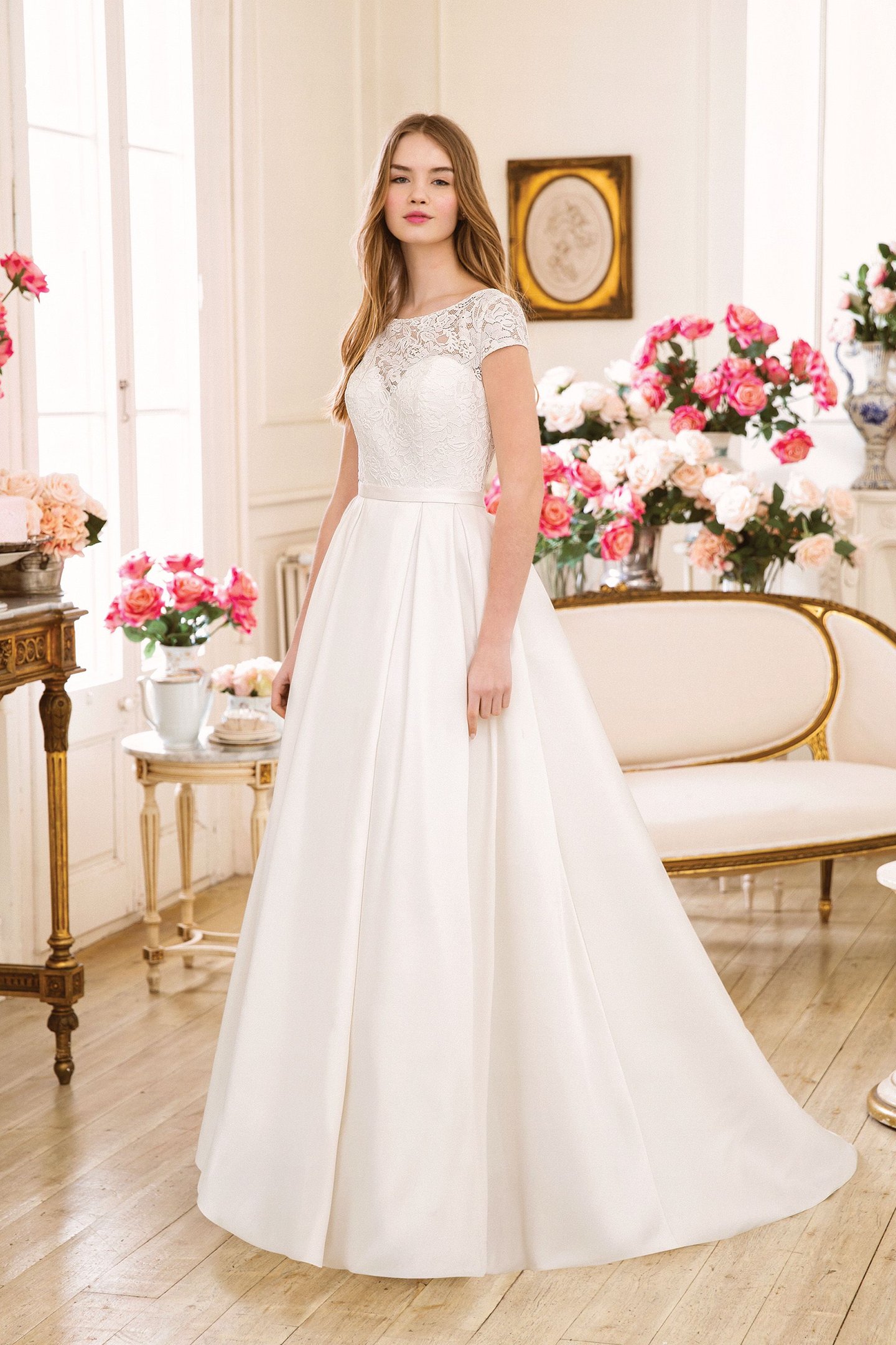 Sweetheart style 11065 Embroidered Lace Neckline Dress with Box Pleats