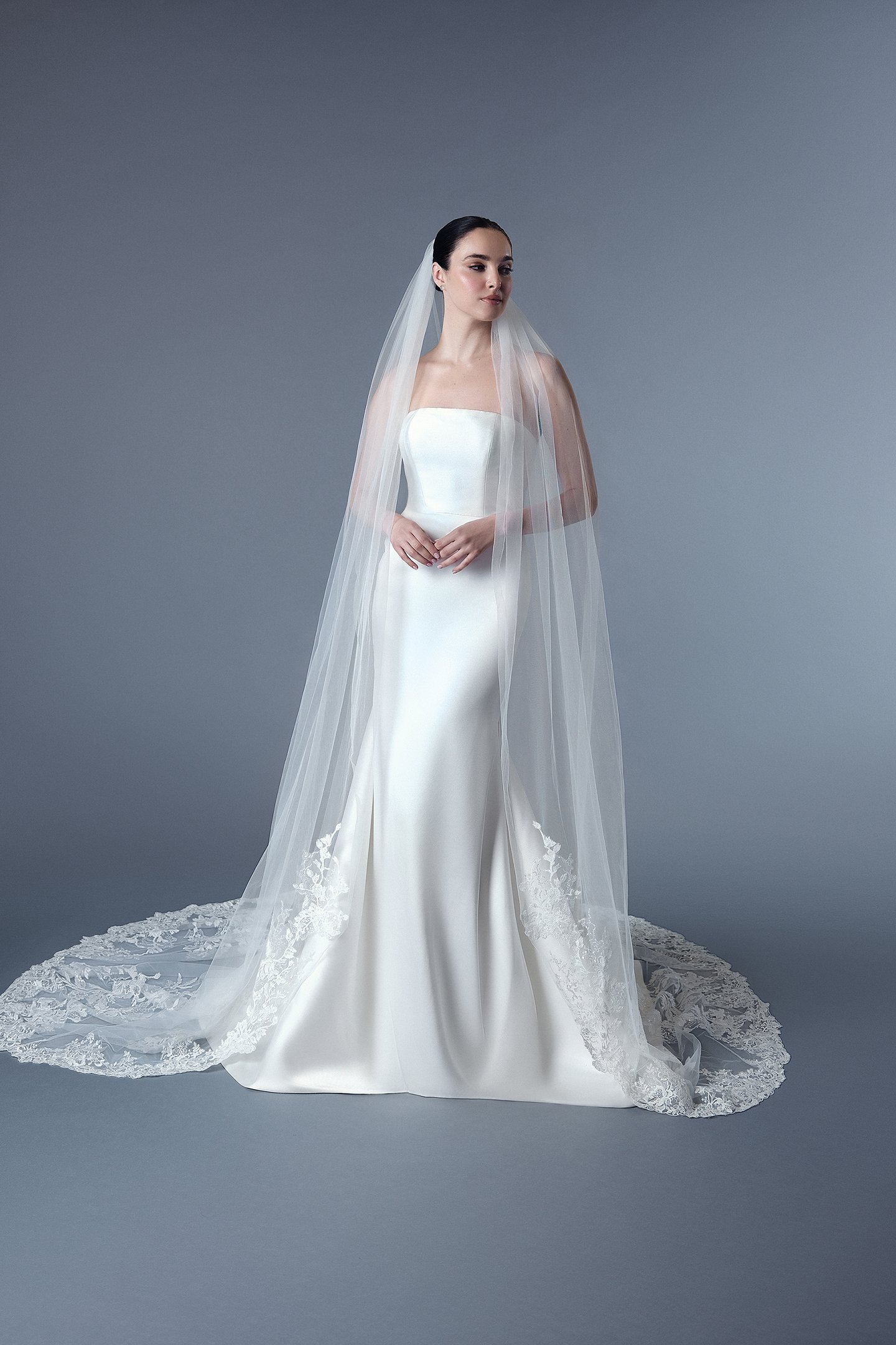 Thanks & Goodluck Style TG1052L120 Scalloped Cathedral Length Veil with Sequined Embroidered Appliqués
