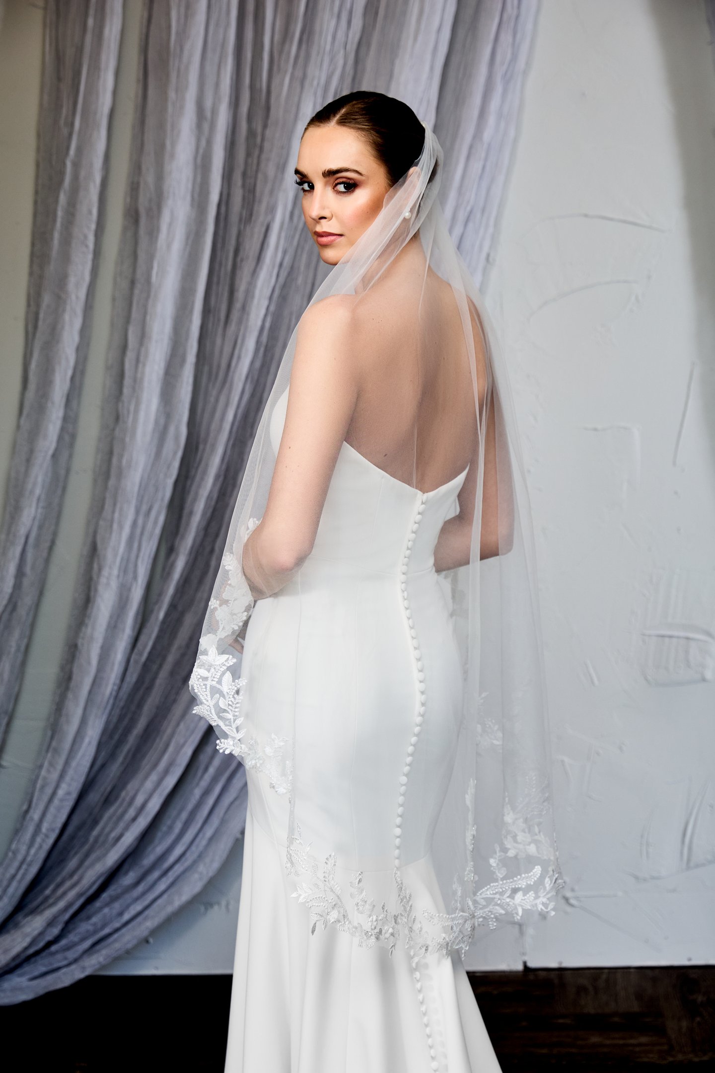 Thanks & Goodluck Style TG1126L048 Waltz Length Tulle Veil with Embroidered Lace Appliqués Along the Edge