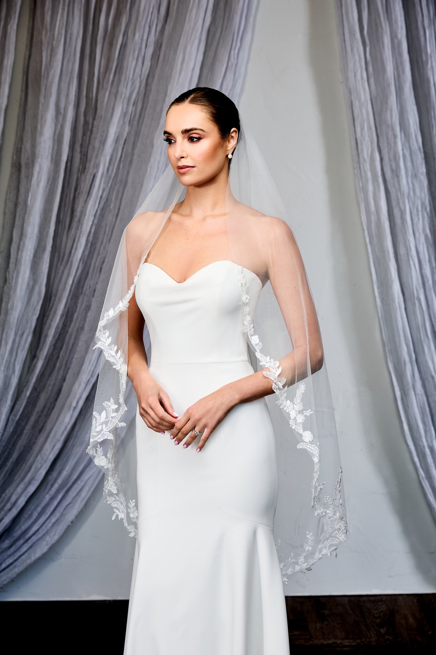 Thanks & Goodluck Style TG1126L048 Waltz Length Tulle Veil with Embroidered Lace Appliqués Along the Edge