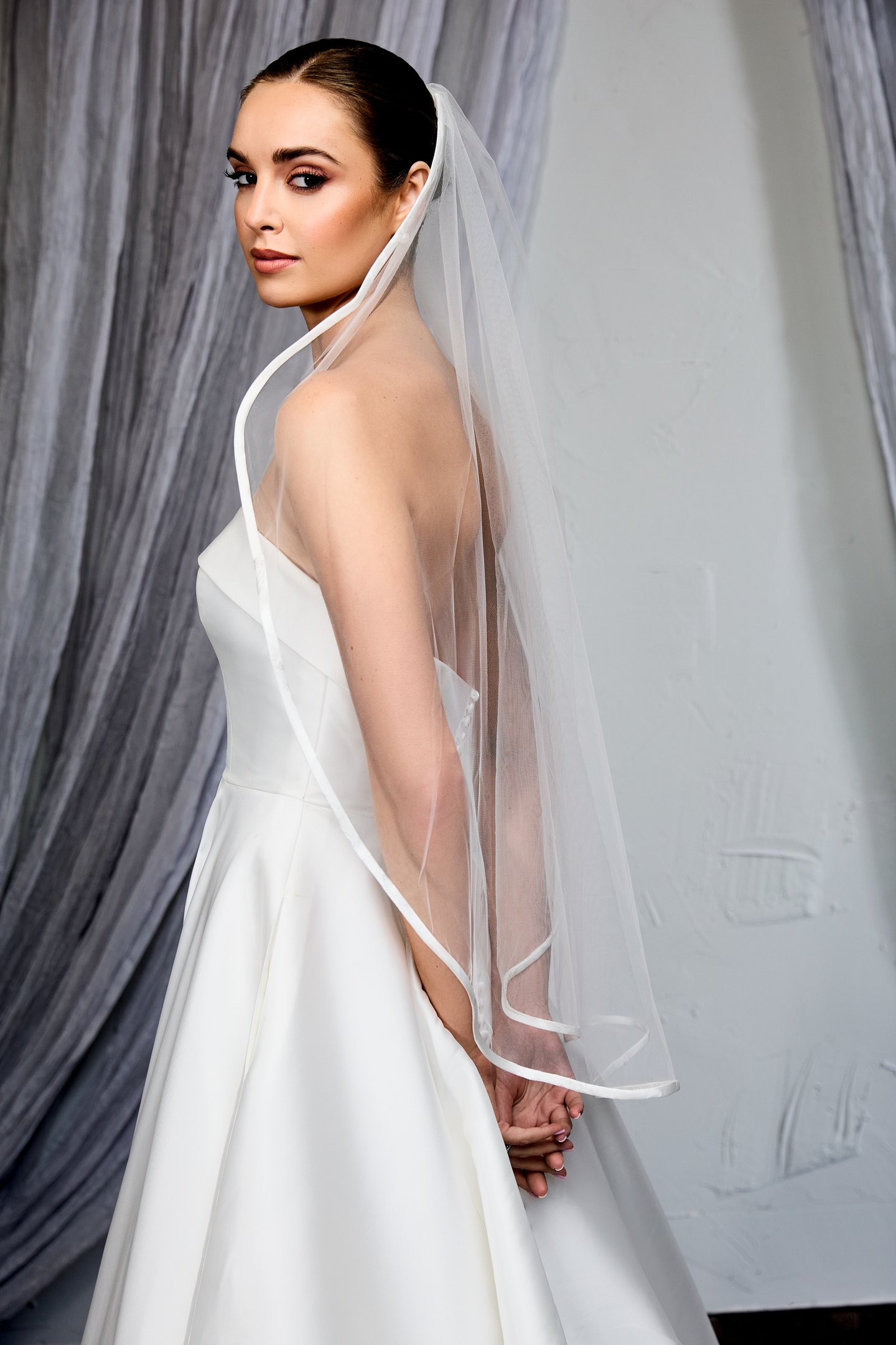 Thanks & Goodluck Style TG1128L037 Fingertip Length Veil with Brocade Edging Along the Hem