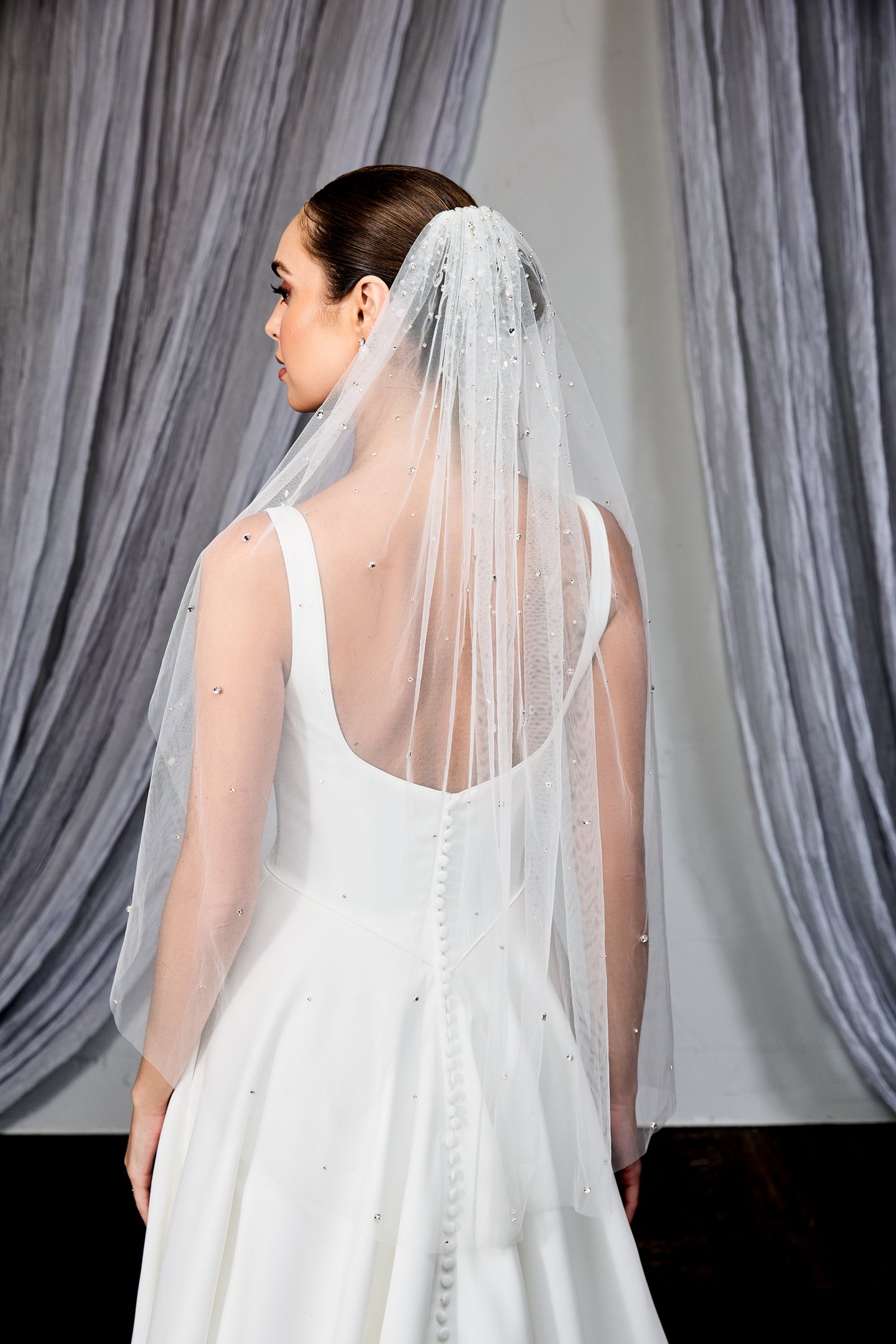 Thanks & Goodluck Style TG1129L037 Fingertip Length Veil with Scattered Beading & Crystals from Comb