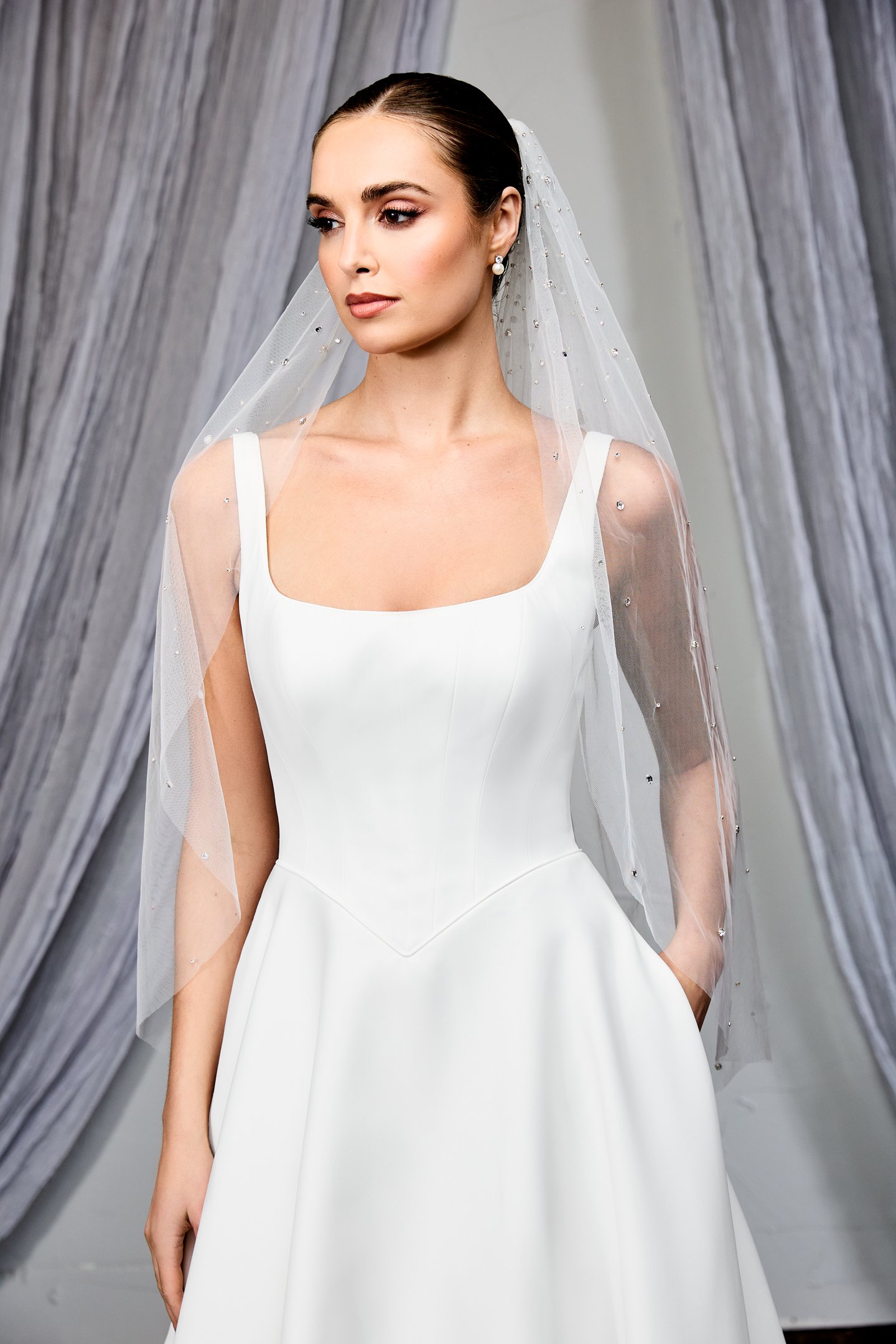 Thanks & Goodluck Style TG1129L037 Fingertip Length Veil with Scattered Beading & Crystals from Comb