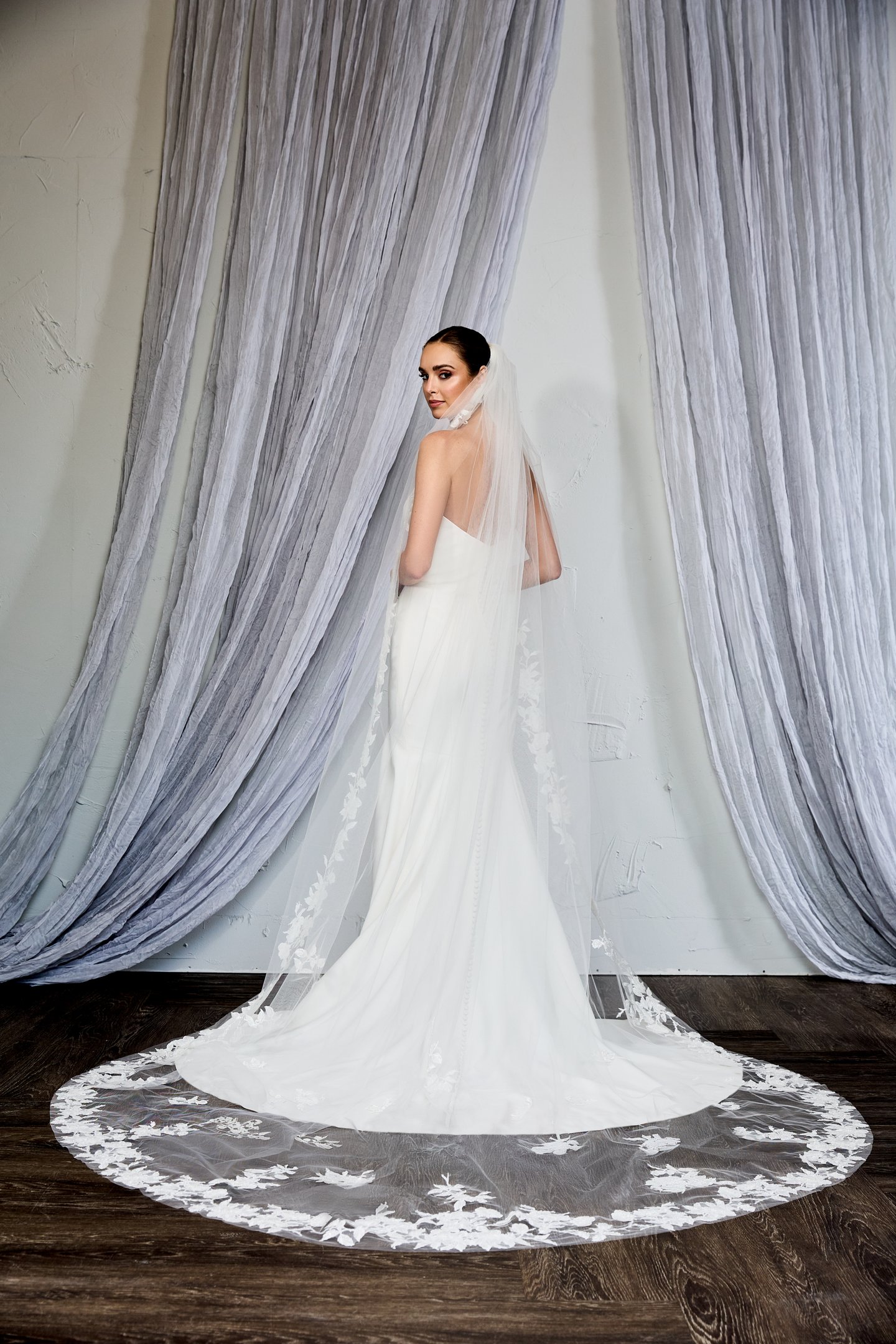 Thanks & Goodluck Style TG1131L120 Cathedral Length Veil with Tonal Beaded and Sequined Lace Appliqués