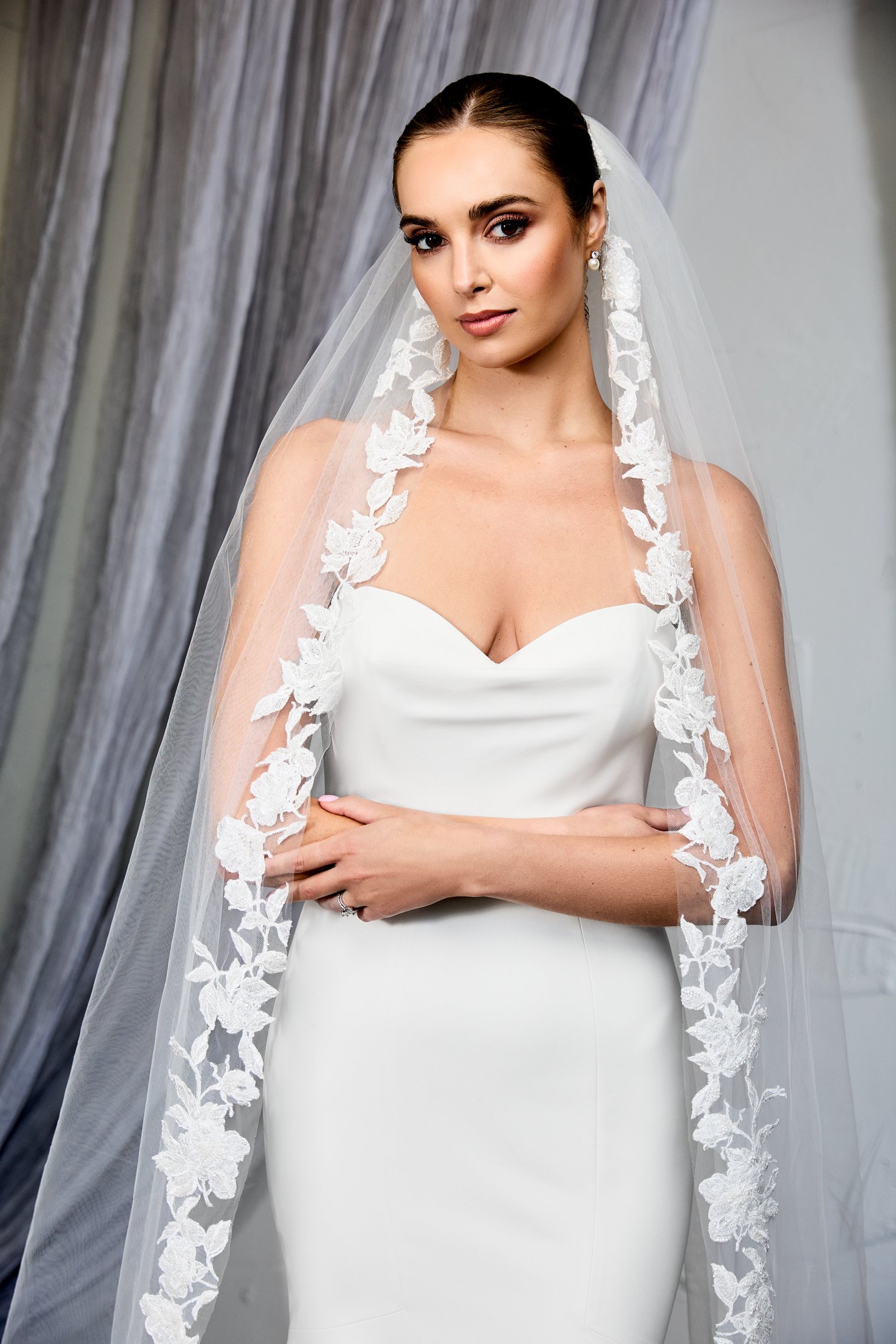 Thanks & Goodluck Style TG1131L120 Cathedral Length Veil with Tonal Beaded and Sequined Lace Appliqués
