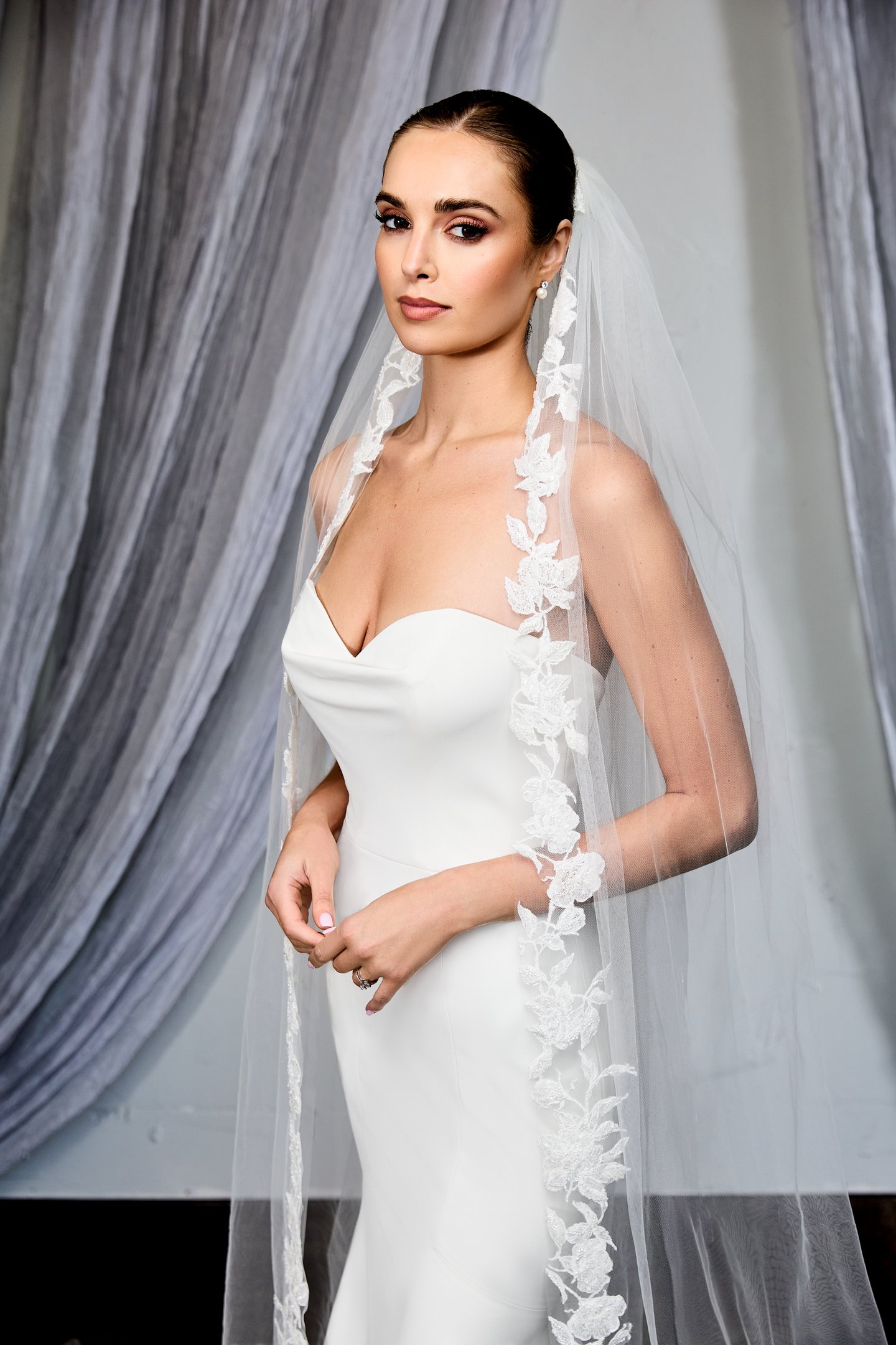 Thanks & Goodluck Style TG1131L120 Cathedral Length Veil with Tonal Beaded and Sequined Lace Appliqués